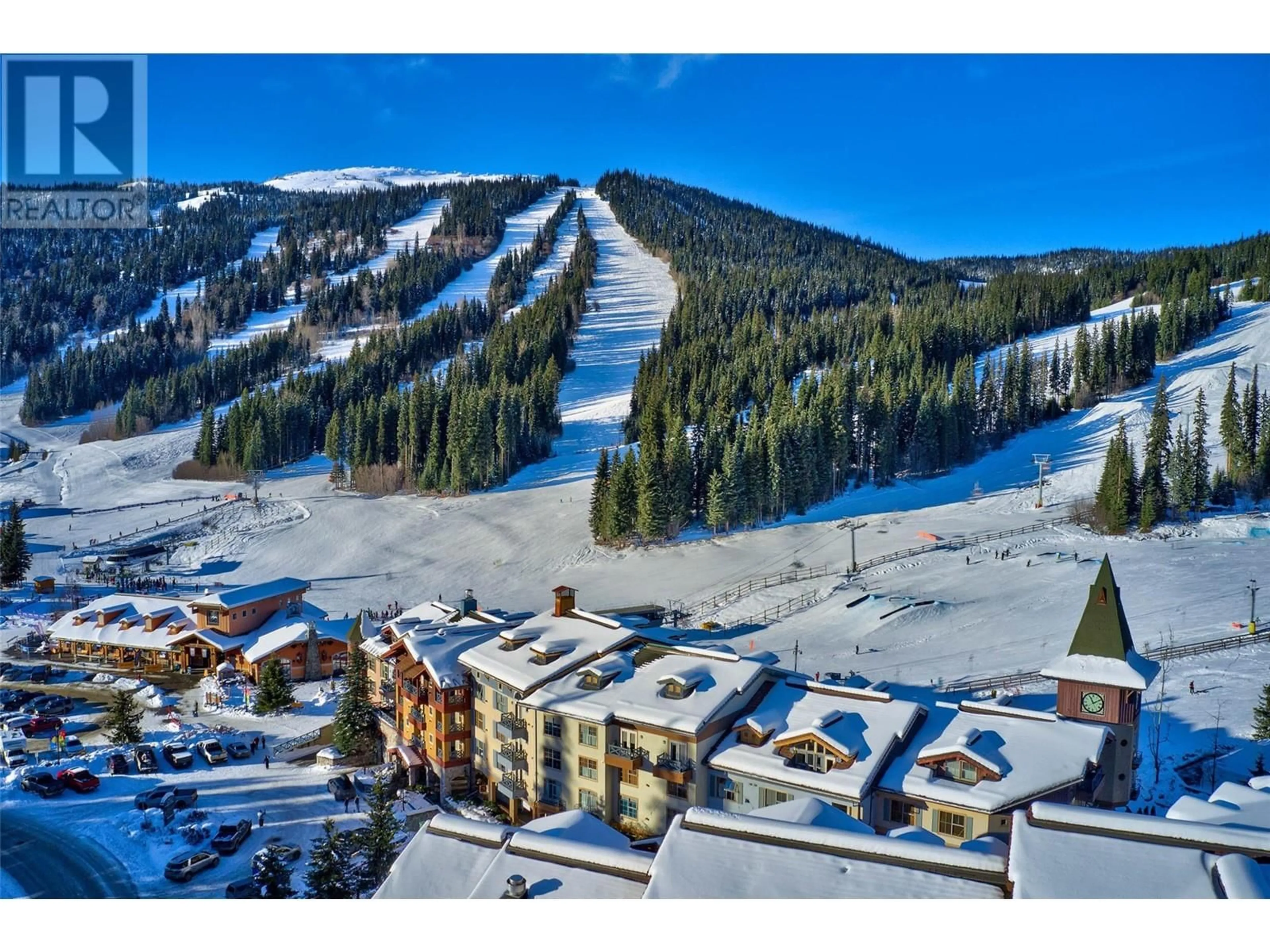 A pic from outside/outdoor area/front of a property/back of a property/a pic from drone, mountain view for 302 - 3160 CREEKSIDE WAY, Sun Peaks British Columbia V0E5N0