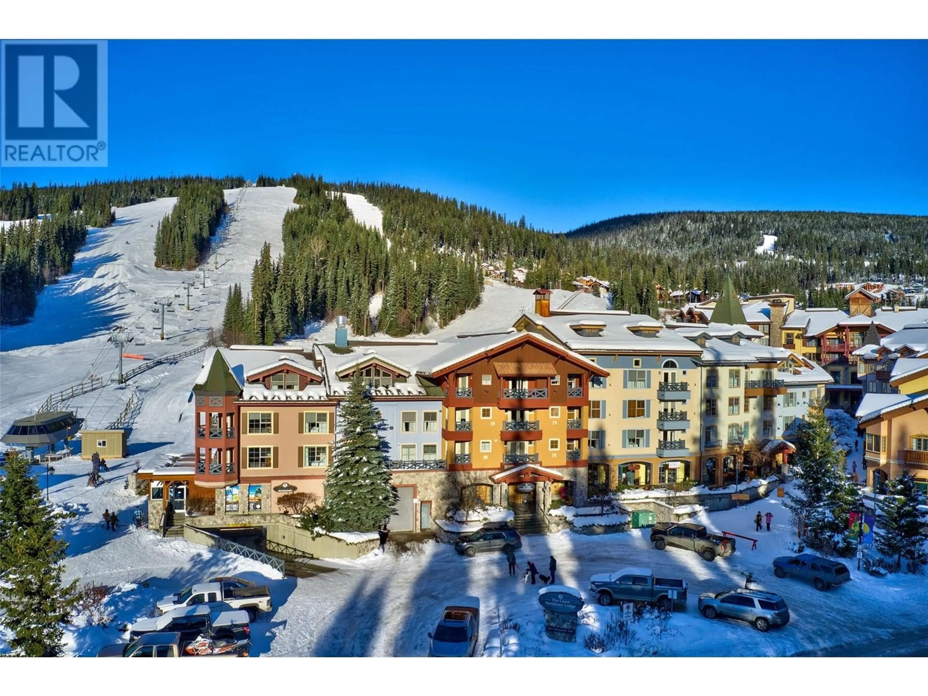 A pic from outside/outdoor area/front of a property/back of a property/a pic from drone, mountain view for 302 - 3160 CREEKSIDE WAY, Sun Peaks British Columbia V0E5N0