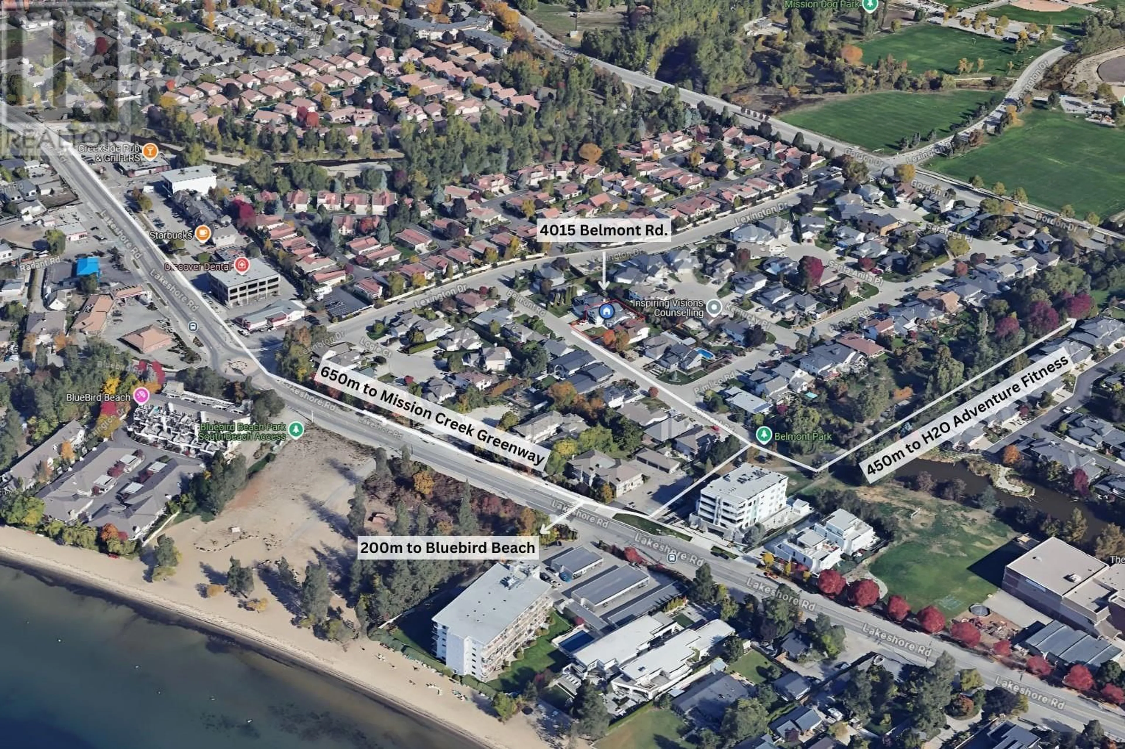 A pic from outside/outdoor area/front of a property/back of a property/a pic from drone, street for 4015 BELMONT ROAD, Kelowna British Columbia V1W2Z2