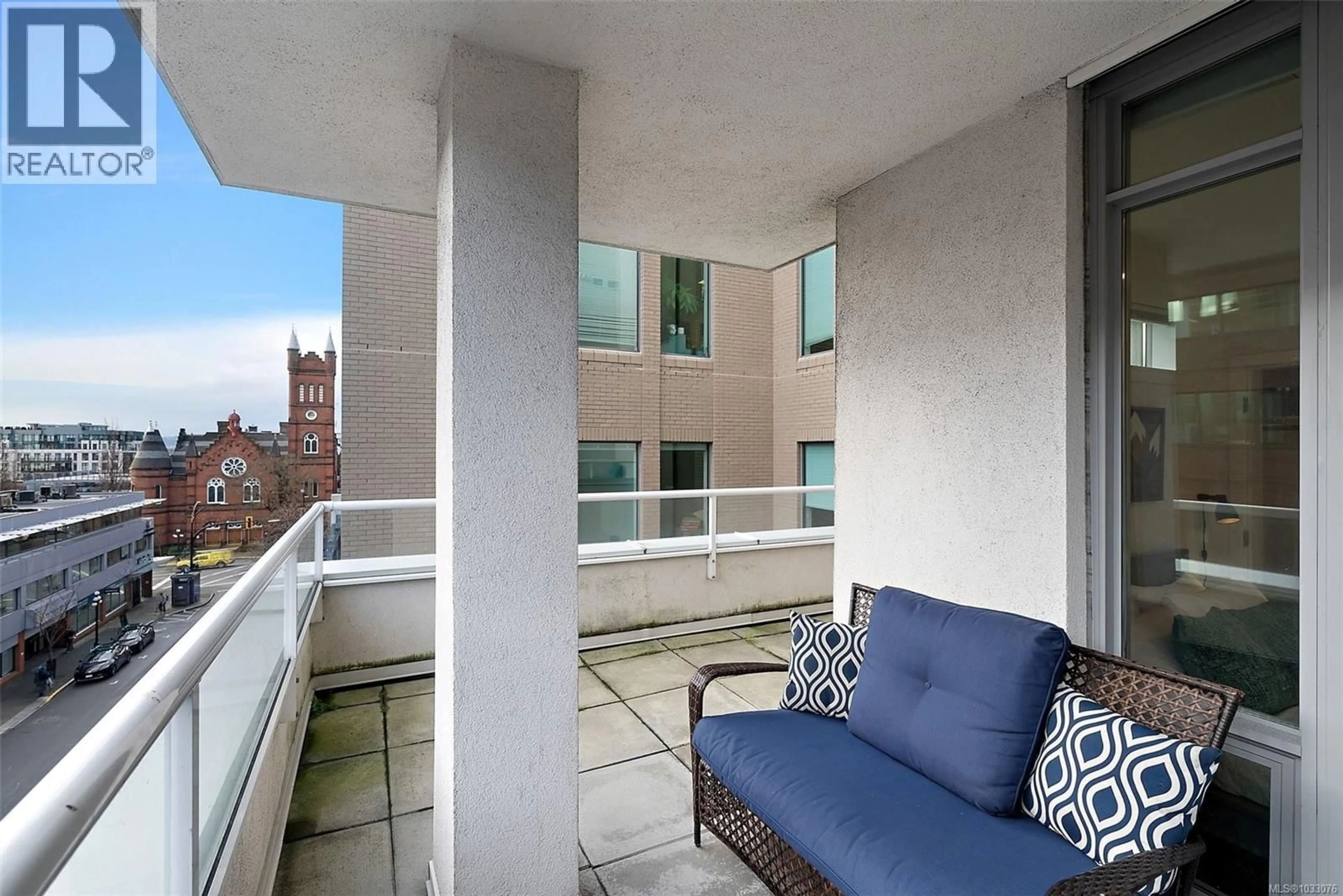 Balcony in the apartment, city buildings view from balcony for 404 - 732 BROUGHTON STREET, Victoria British Columbia V8W3E9