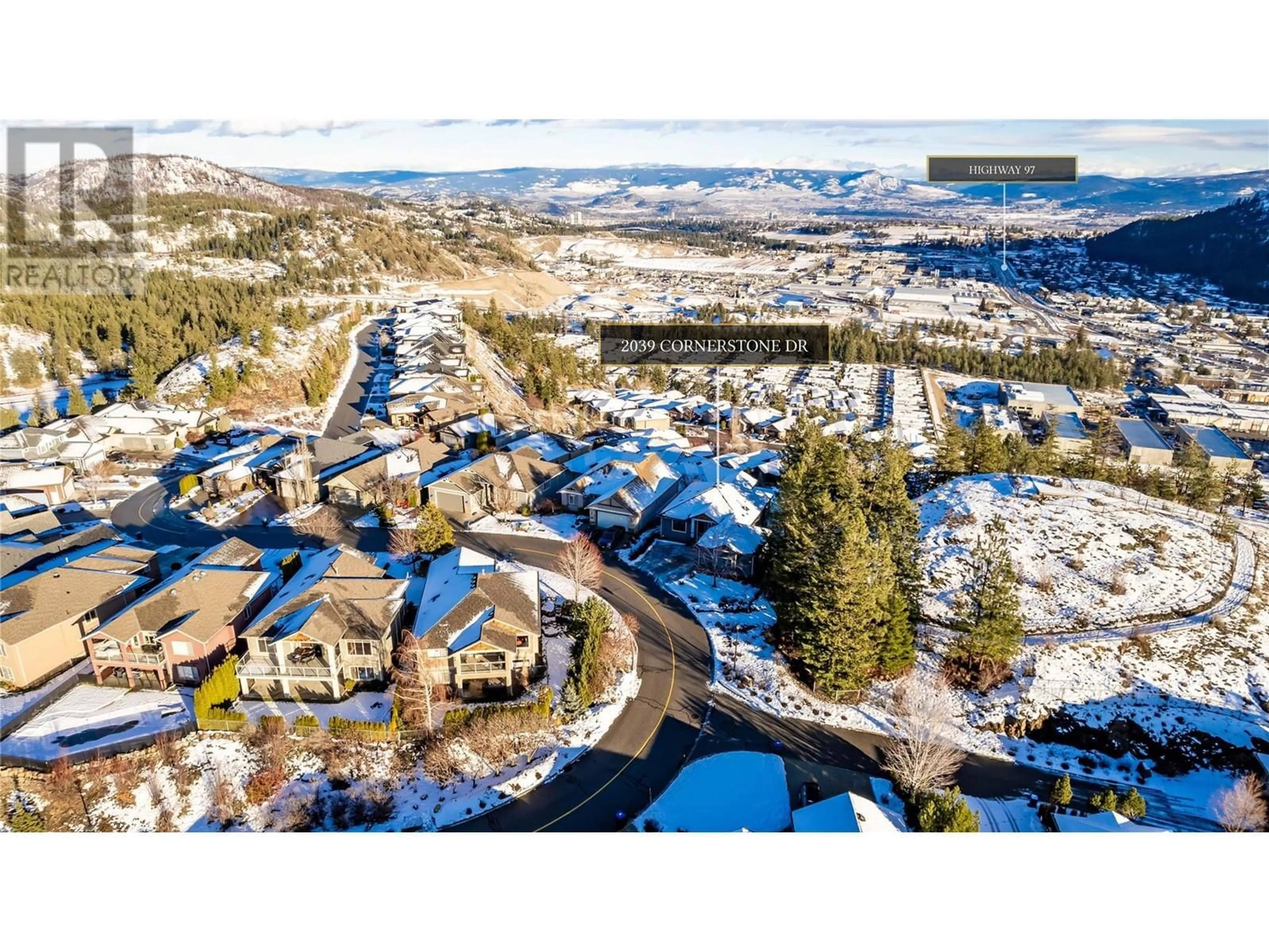 A pic from outside/outdoor area/front of a property/back of a property/a pic from drone, mountain view for 2039 Cornerstone Drive, West Kelowna British Columbia V4T2Y3