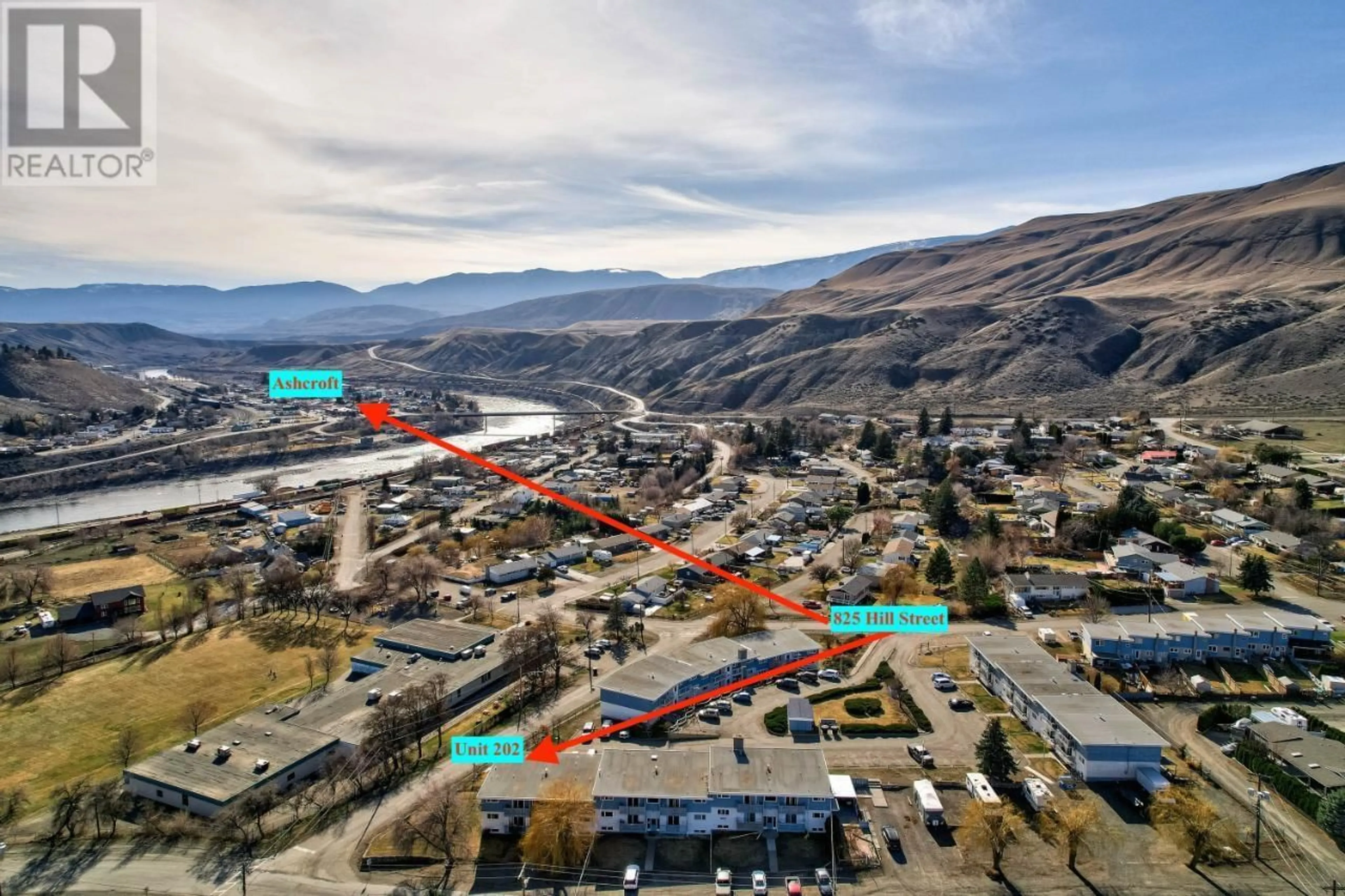 A pic from outside/outdoor area/front of a property/back of a property/a pic from drone, water/lake/river/ocean view for 825 HILL Street Unit# 202, Ashcroft British Columbia V0K1A0