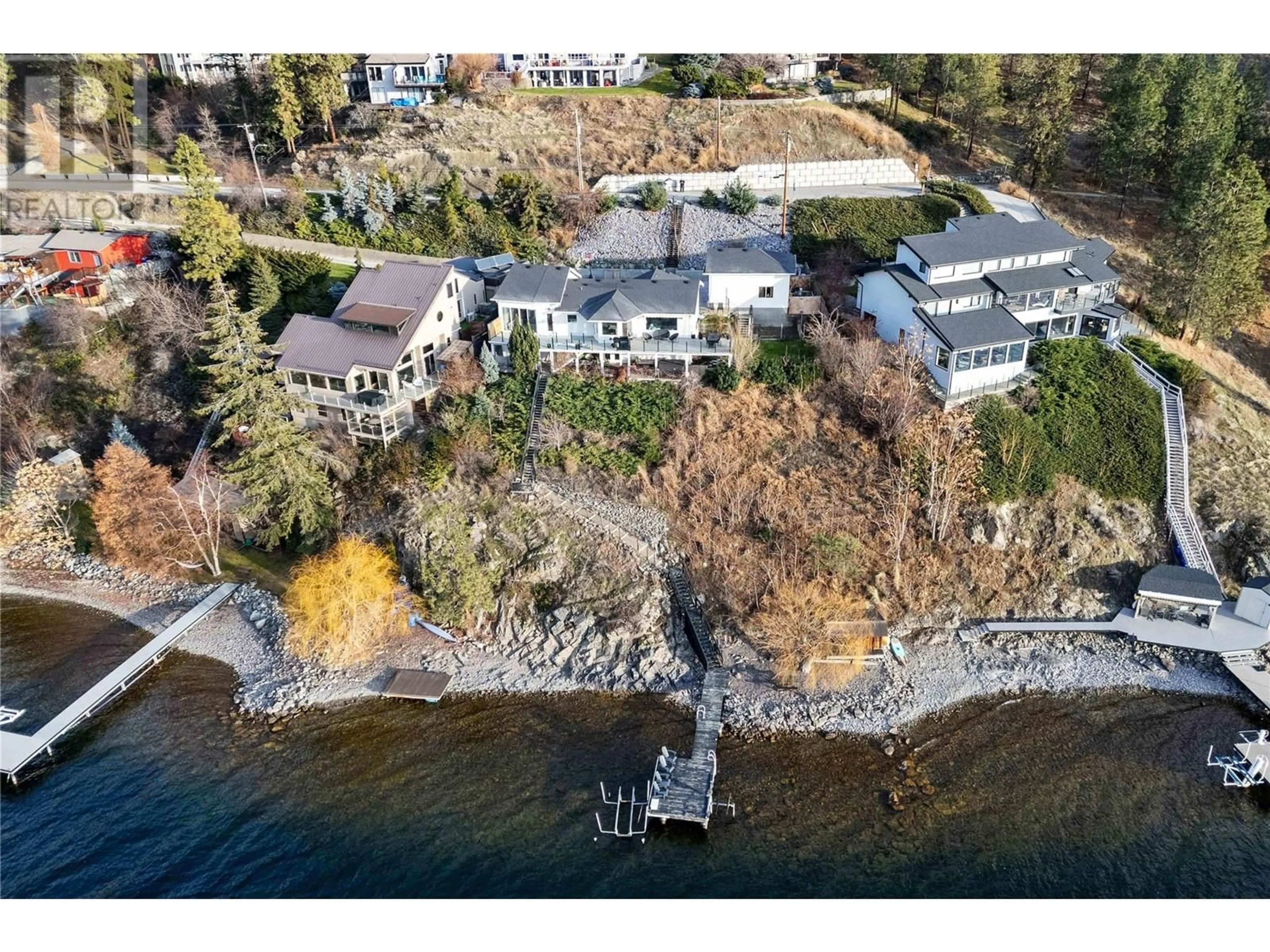 A pic from outside/outdoor area/front of a property/back of a property/a pic from drone, water/lake/river/ocean view for 1876 DEWDNEY ROAD, Kelowna British Columbia V1V2C3