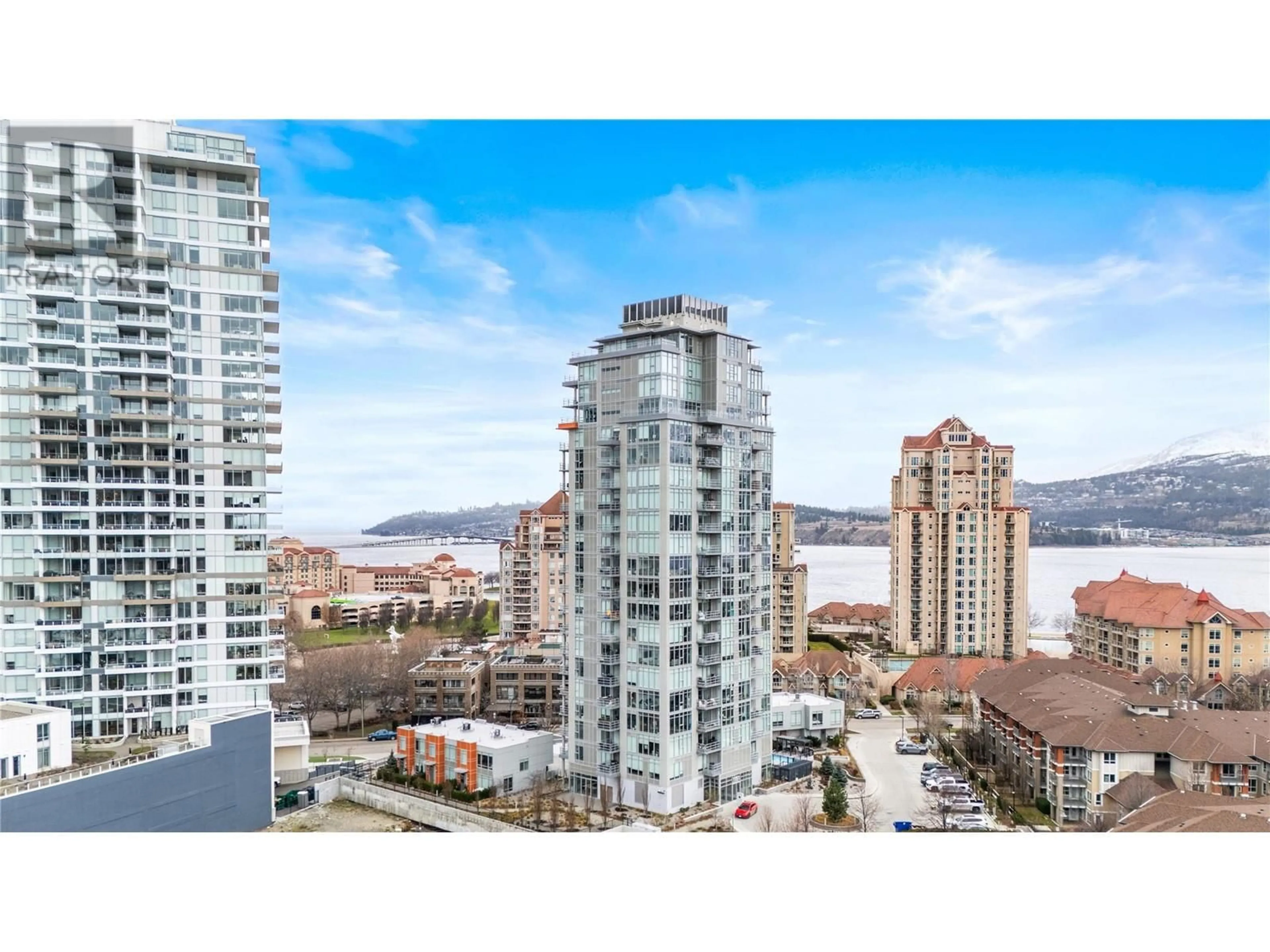 A pic from outside/outdoor area/front of a property/back of a property/a pic from drone, city buildings view from balcony for 1151 Sunset Drive Unit# 1106, Kelowna British Columbia V1Y0G2