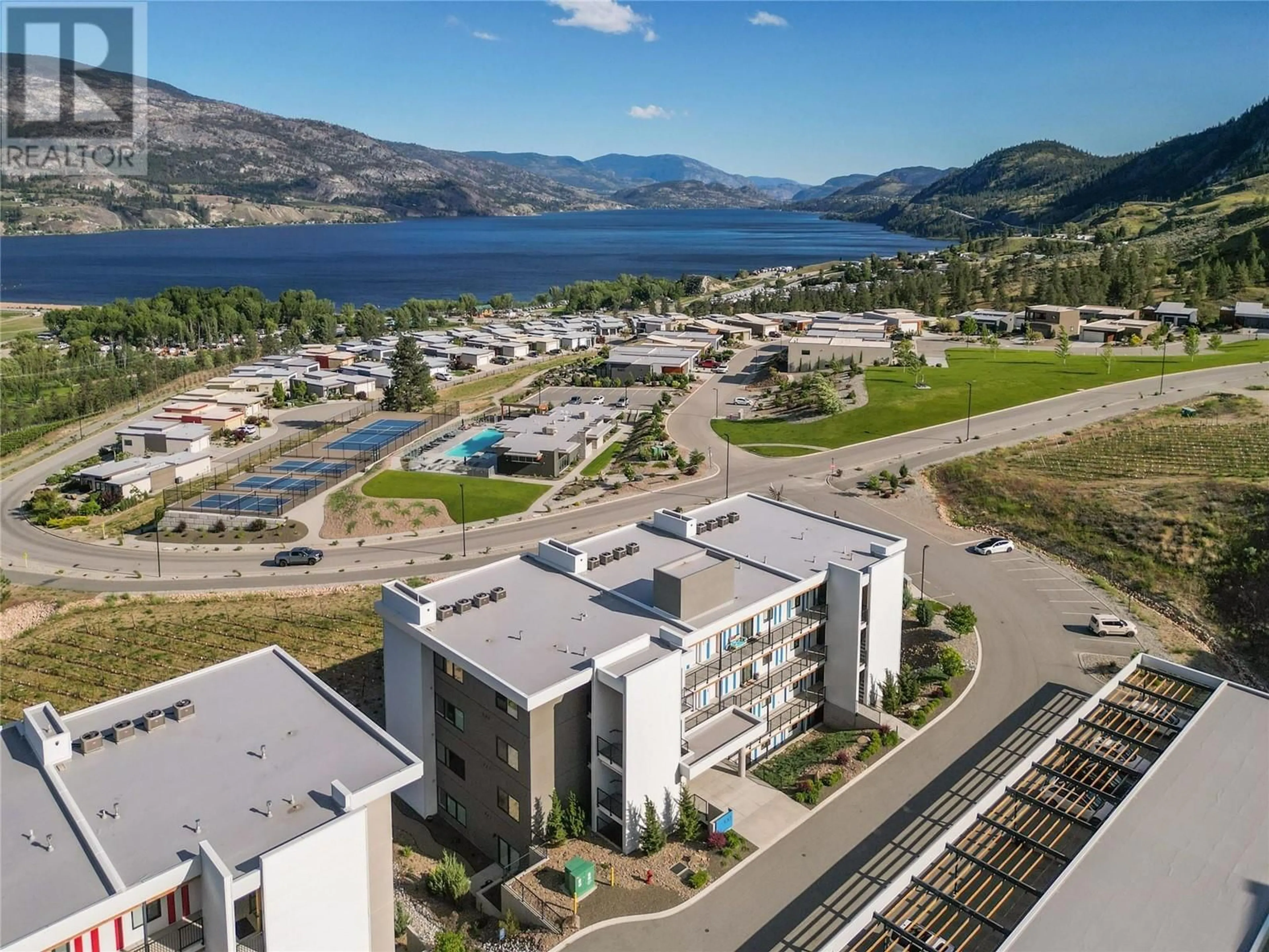 A pic from outside/outdoor area/front of a property/back of a property/a pic from drone, water/lake/river/ocean view for 100 Vista Way Unit# 112, Penticton British Columbia V2A0B3