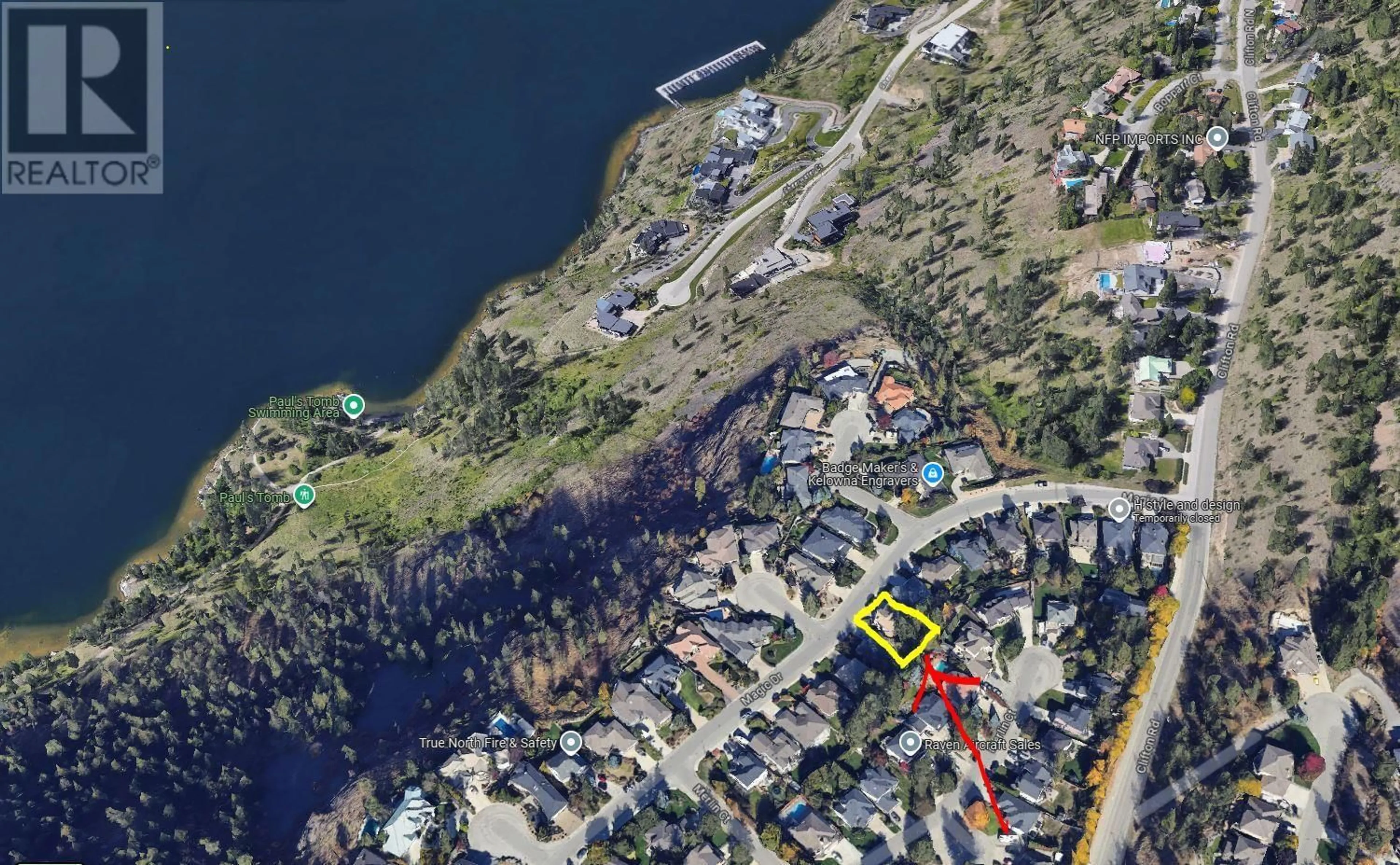 A pic from outside/outdoor area/front of a property/back of a property/a pic from drone, water/lake/river/ocean view for 183 Magic Drive, Kelowna British Columbia V1V1N2