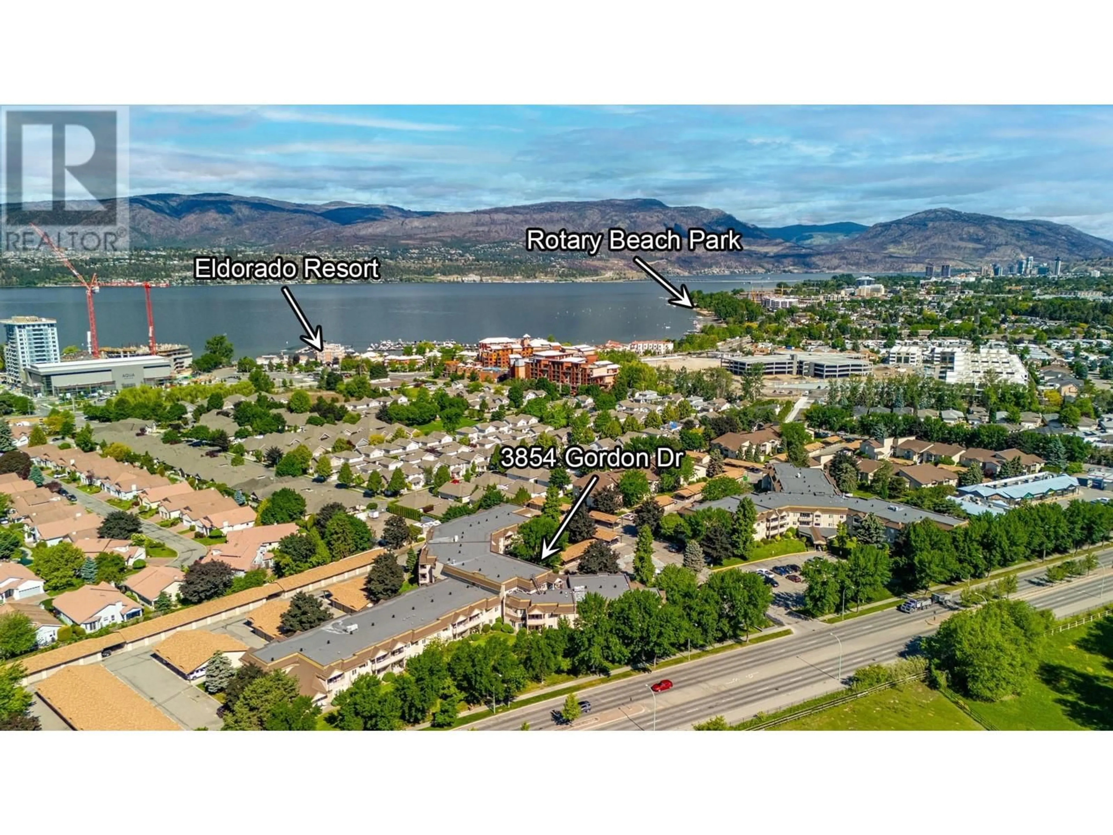 A pic from outside/outdoor area/front of a property/back of a property/a pic from drone, water/lake/river/ocean view for 3854 Gordon Drive Unit# 190, Kelowna British Columbia V1W3G4