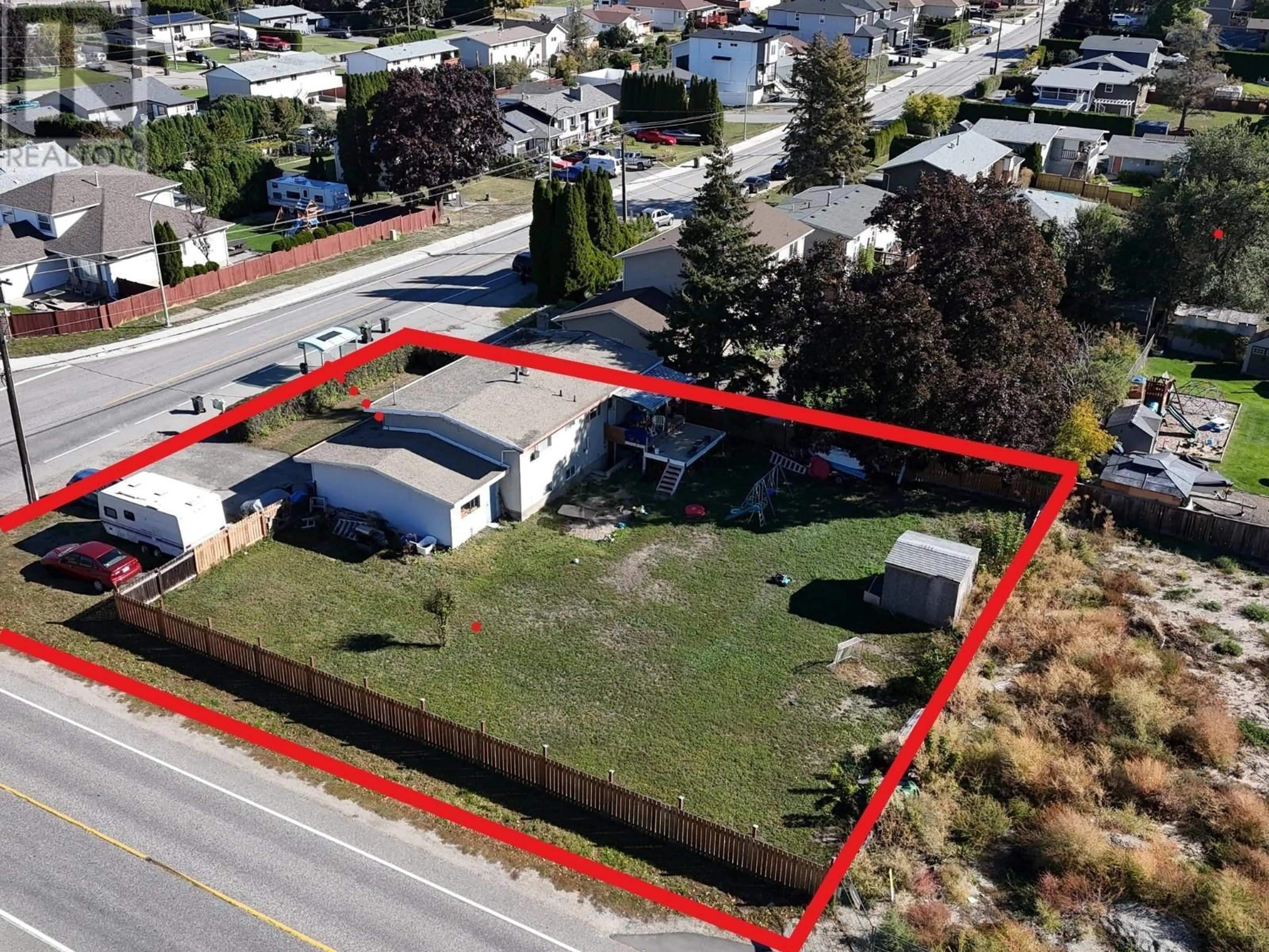 A pic from outside/outdoor area/front of a property/back of a property/a pic from drone, street for 1571 Ross Road, West Kelowna British Columbia V1Z1L5