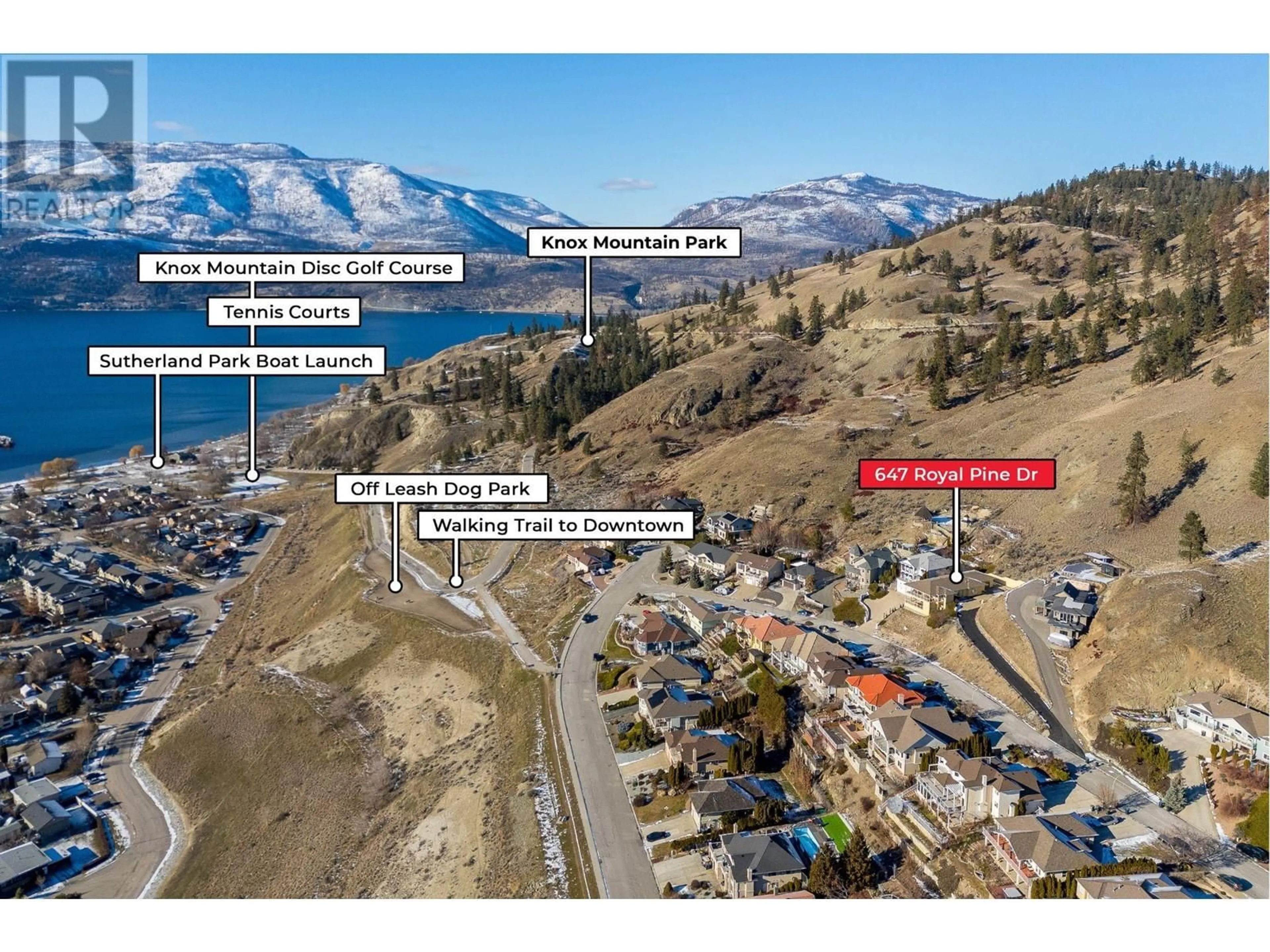 A pic from outside/outdoor area/front of a property/back of a property/a pic from drone, mountain view for 647 Royal Pine Drive, Kelowna British Columbia V1Y9K5