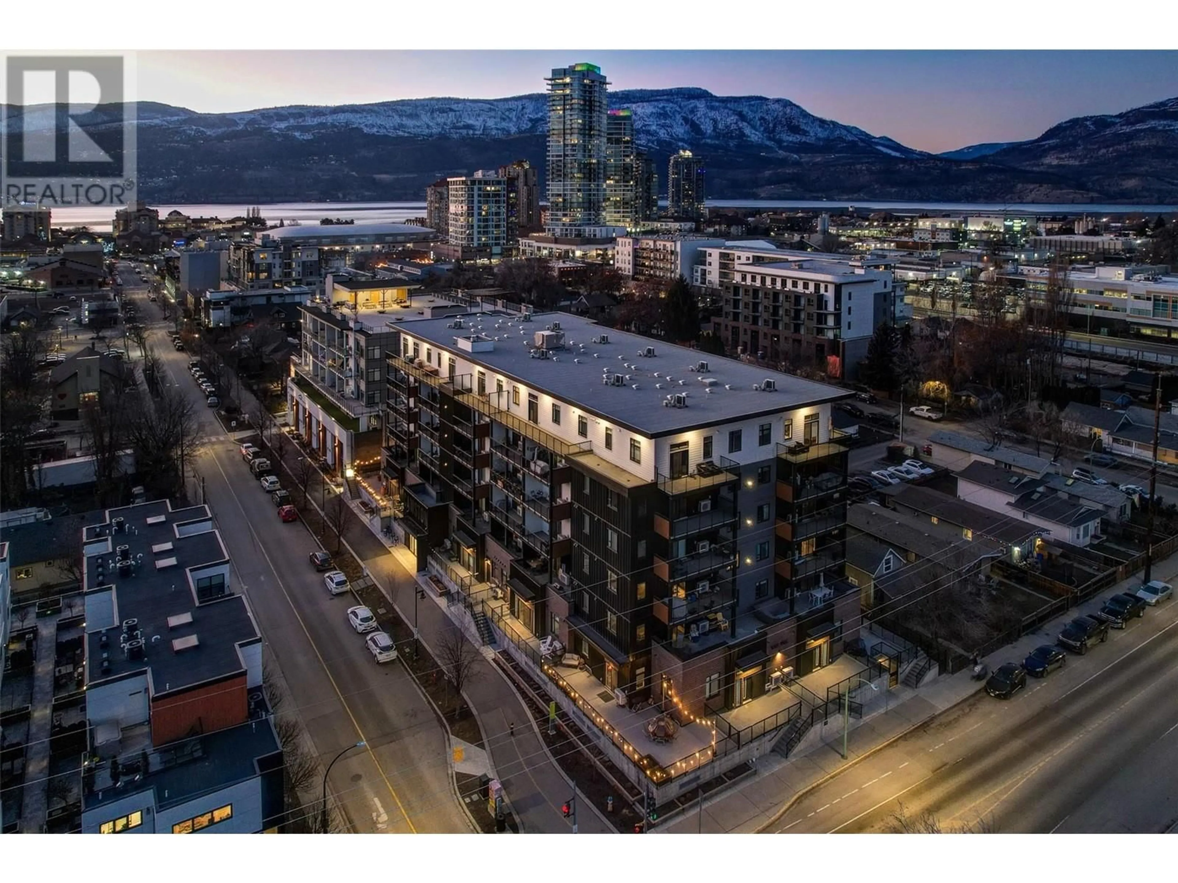 A pic from outside/outdoor area/front of a property/back of a property/a pic from drone, city buildings view from balcony for 660 Cawston Avenue Unit# 601, Kelowna British Columbia V1Y9M1