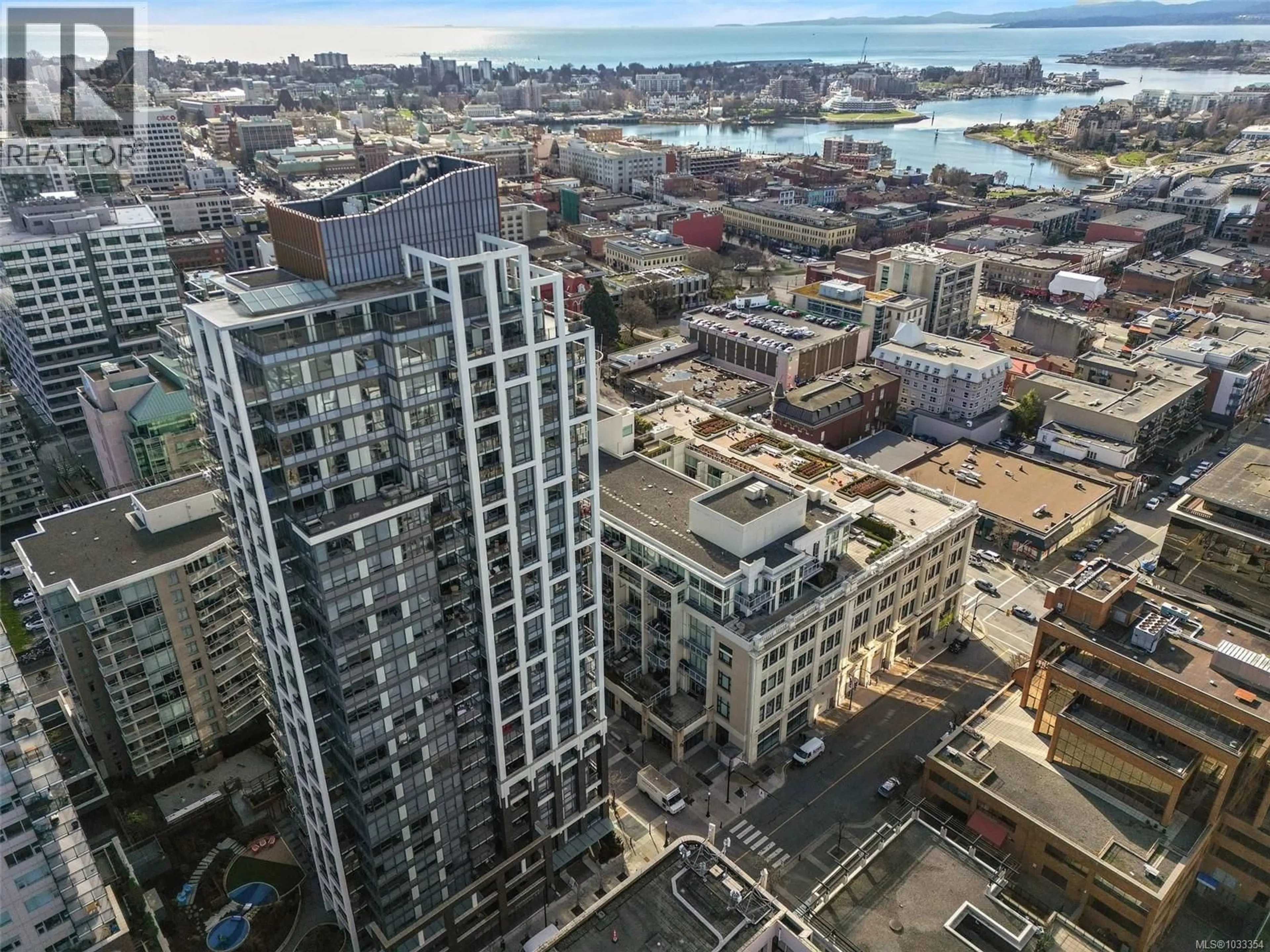 A pic from outside/outdoor area/front of a property/back of a property/a pic from drone, city buildings view from balcony for 1106 - 777 HERALD STREET, Victoria British Columbia V8T0C7