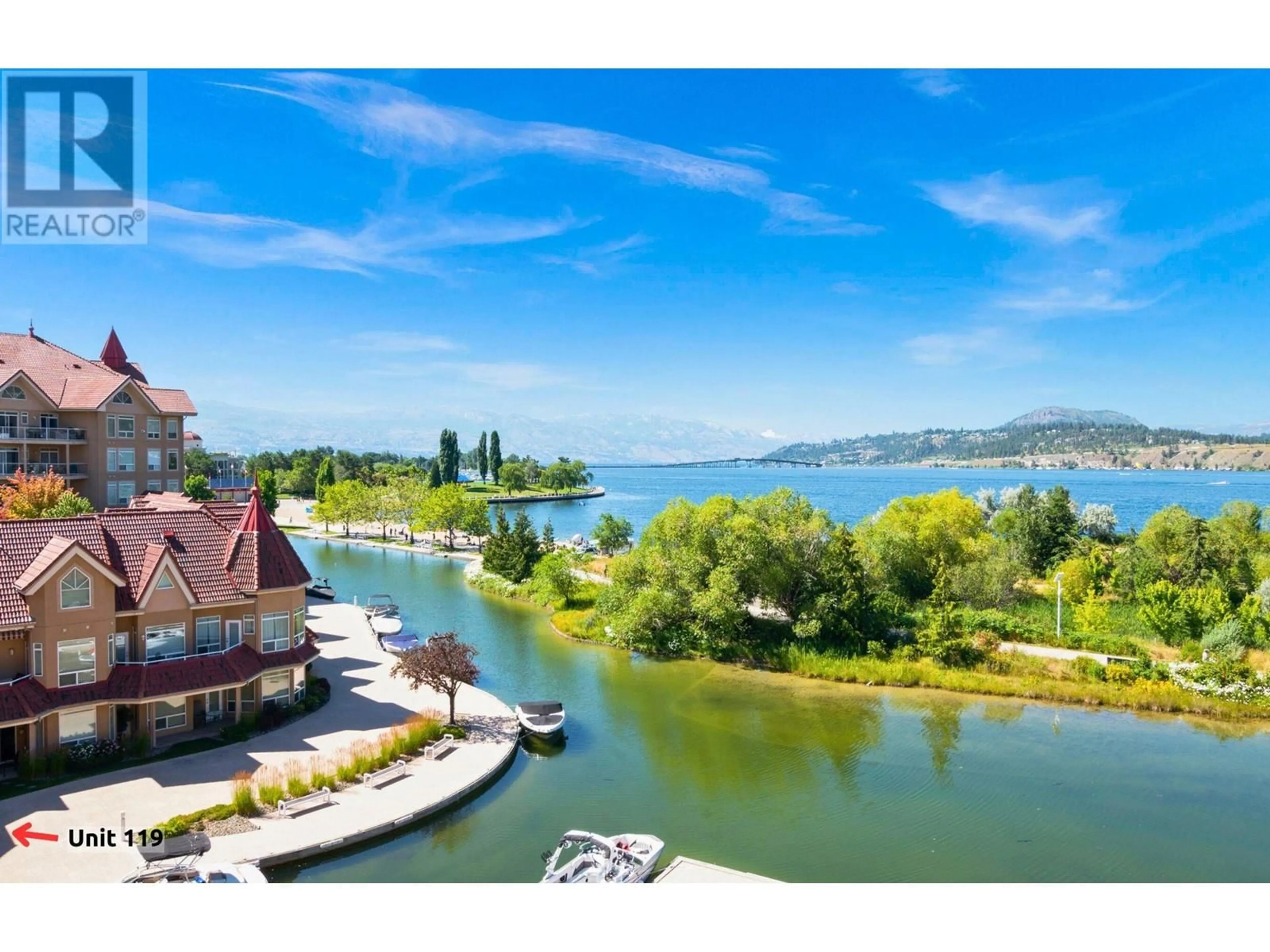 A pic from outside/outdoor area/front of a property/back of a property/a pic from drone, water/lake/river/ocean view for 119 - 1088 SUNSET DRIVE, Kelowna British Columbia V1Y9W1