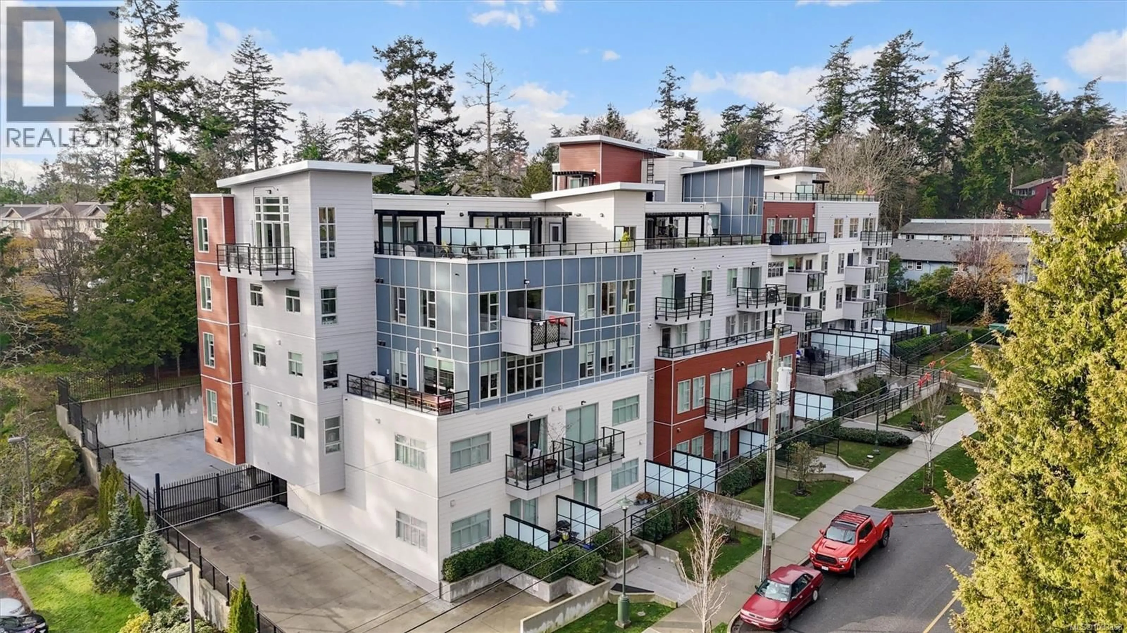 A pic from outside/outdoor area/front of a property/back of a property/a pic from drone, city buildings view from balcony for 205 - 1450 GLENTANA ROAD, View Royal British Columbia V9A2P8