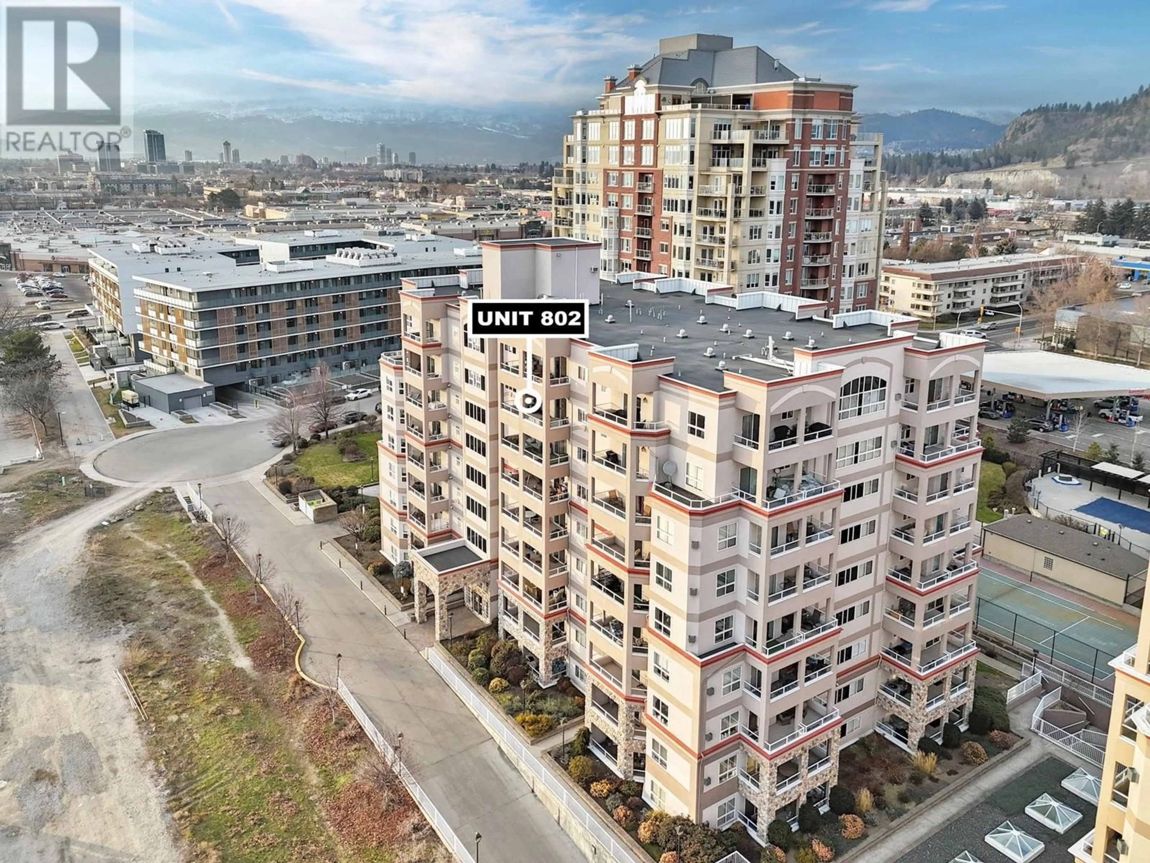 A pic from outside/outdoor area/front of a property/back of a property/a pic from drone, city buildings view from balcony for 802 - 1967 UNDERHILL STREET, Kelowna British Columbia V1X8C9