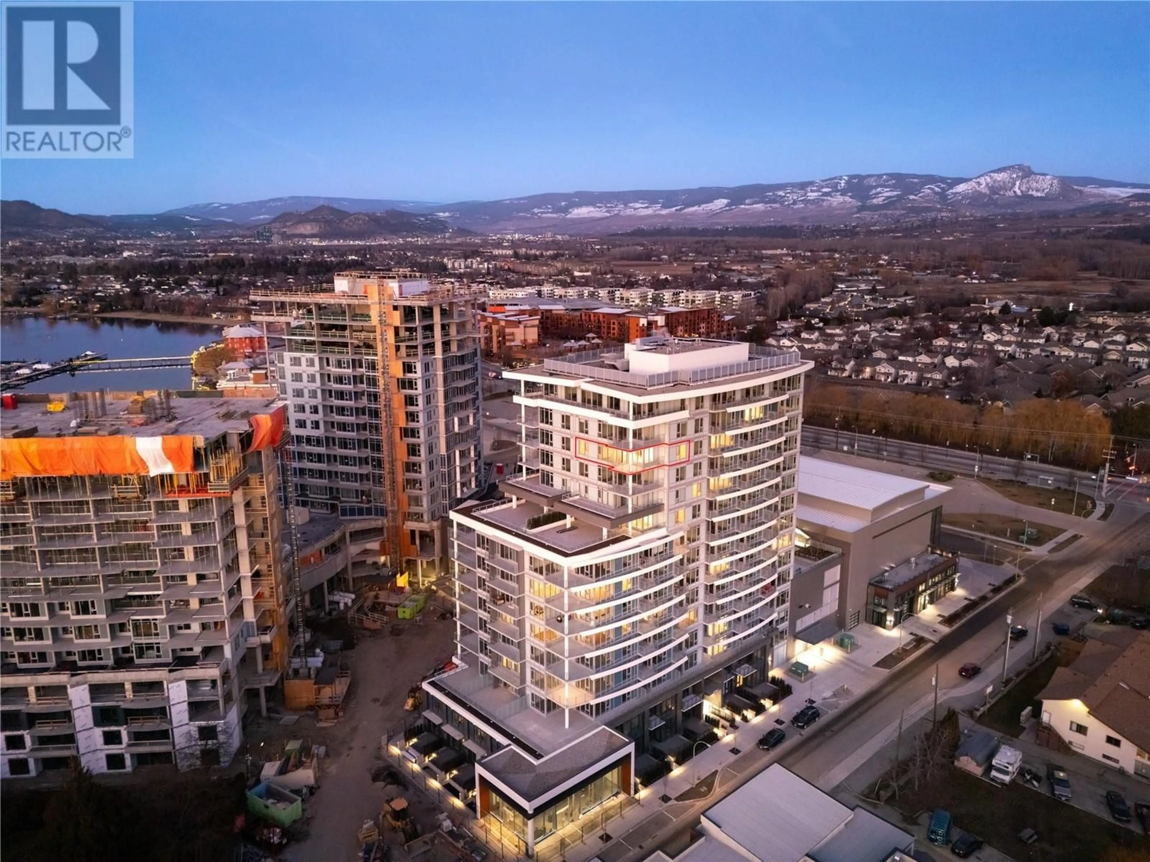A pic from outside/outdoor area/front of a property/back of a property/a pic from drone, city buildings view from balcony for 1307 - 3699 CAPOZZI ROAD, Kelowna British Columbia V1W0G3
