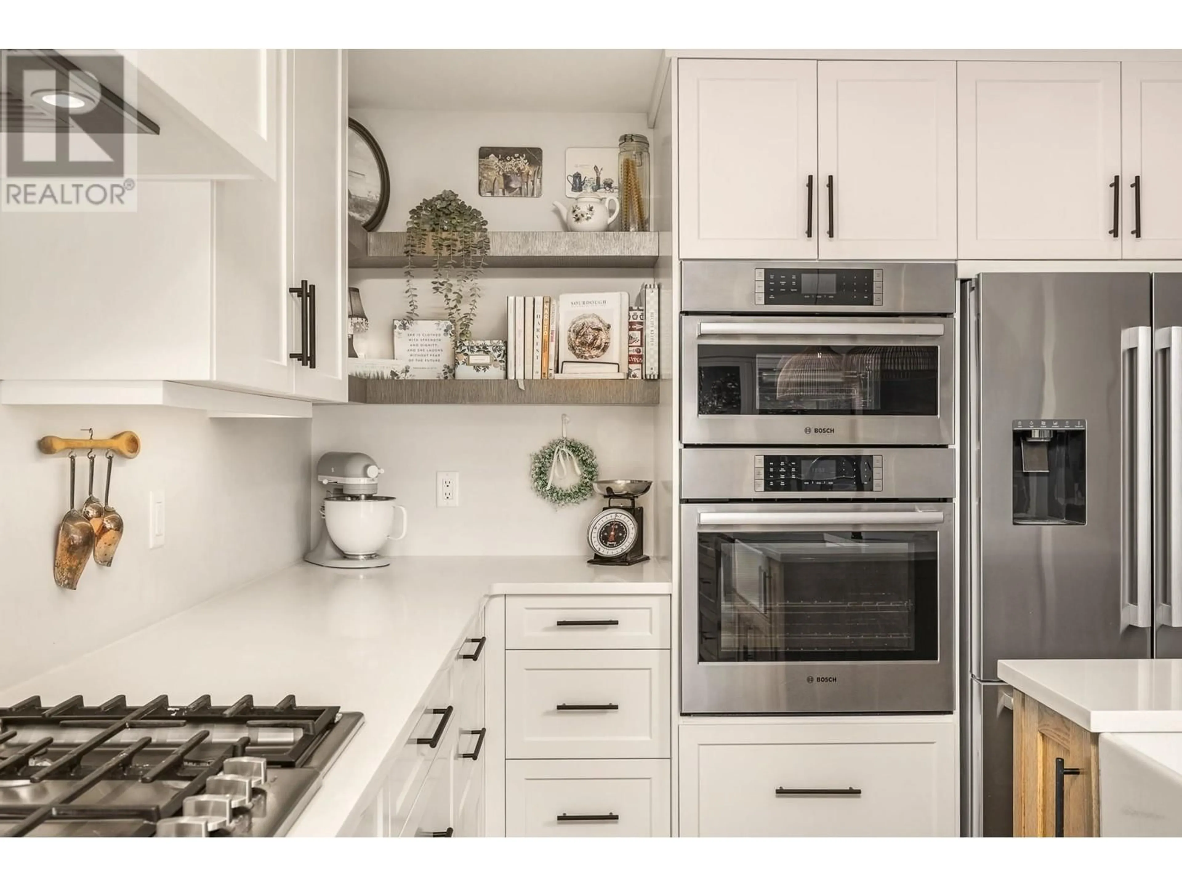 Contemporary kitchen, ceramic/tile floor for 7463 Tronson Road, Vernon British Columbia V1H1C3