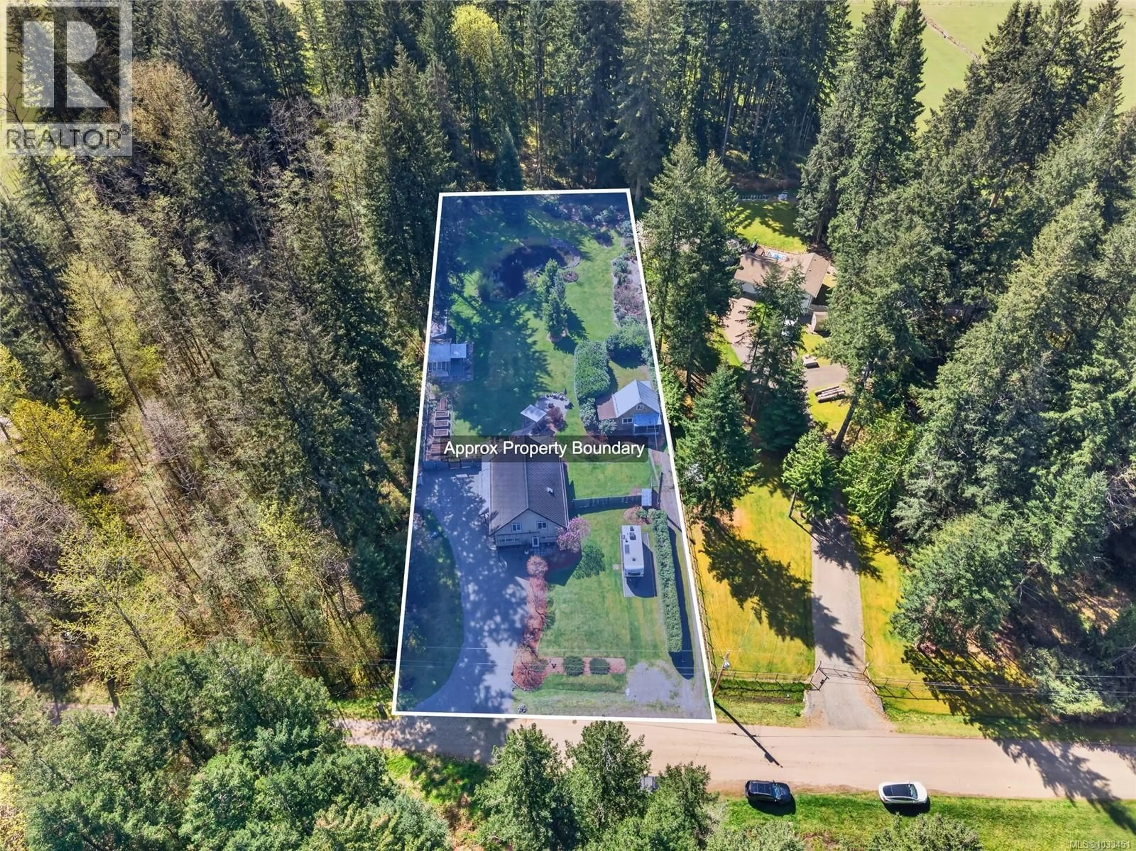 A pic from outside/outdoor area/front of a property/back of a property/a pic from drone, water/lake/river/ocean view for 1981 DZINI ROAD, Black Creek British Columbia V9J1H1