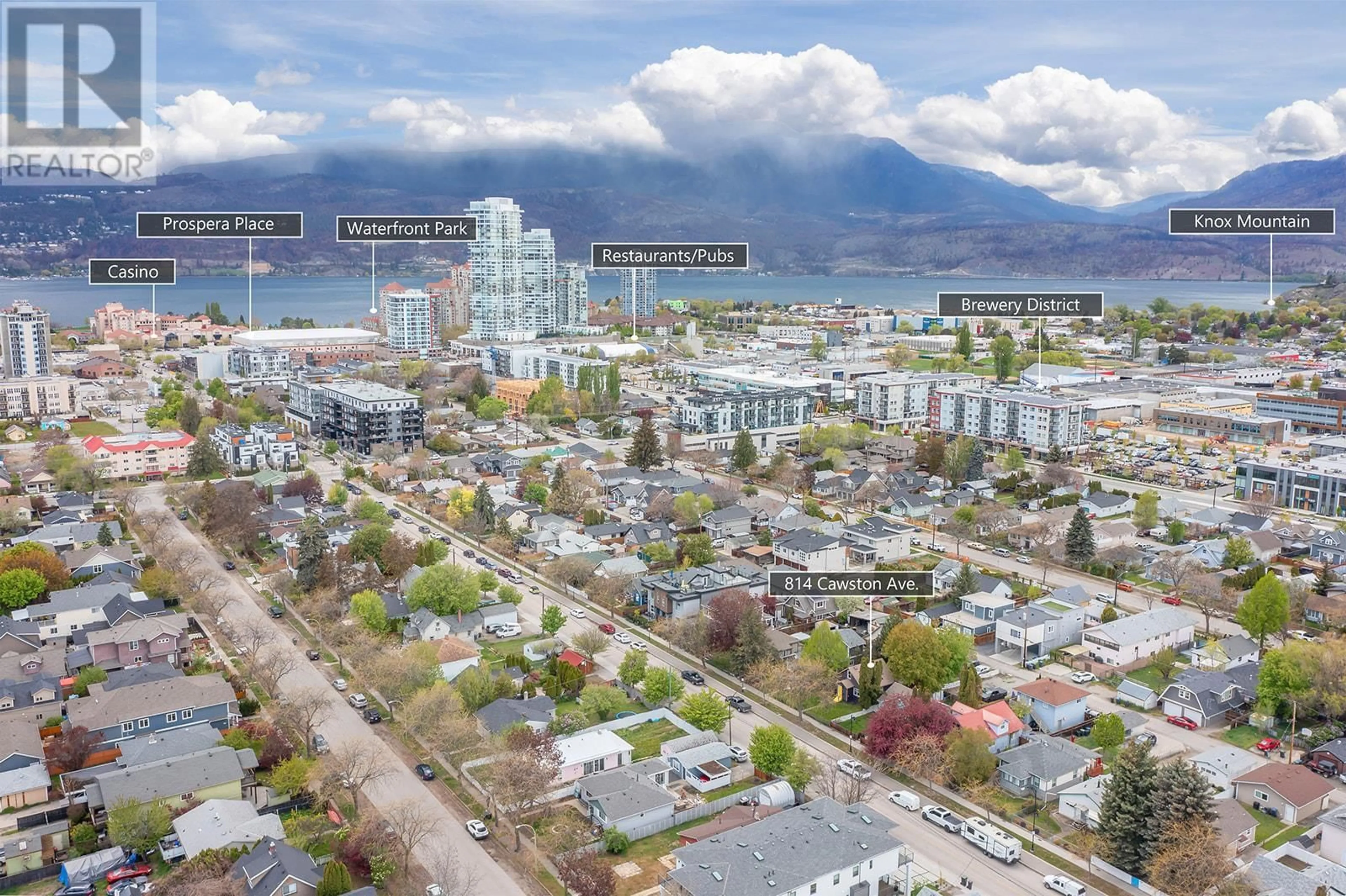 A pic from outside/outdoor area/front of a property/back of a property/a pic from drone, mountain view for 814 Cawston Avenue, Kelowna British Columbia V1Y6Z7