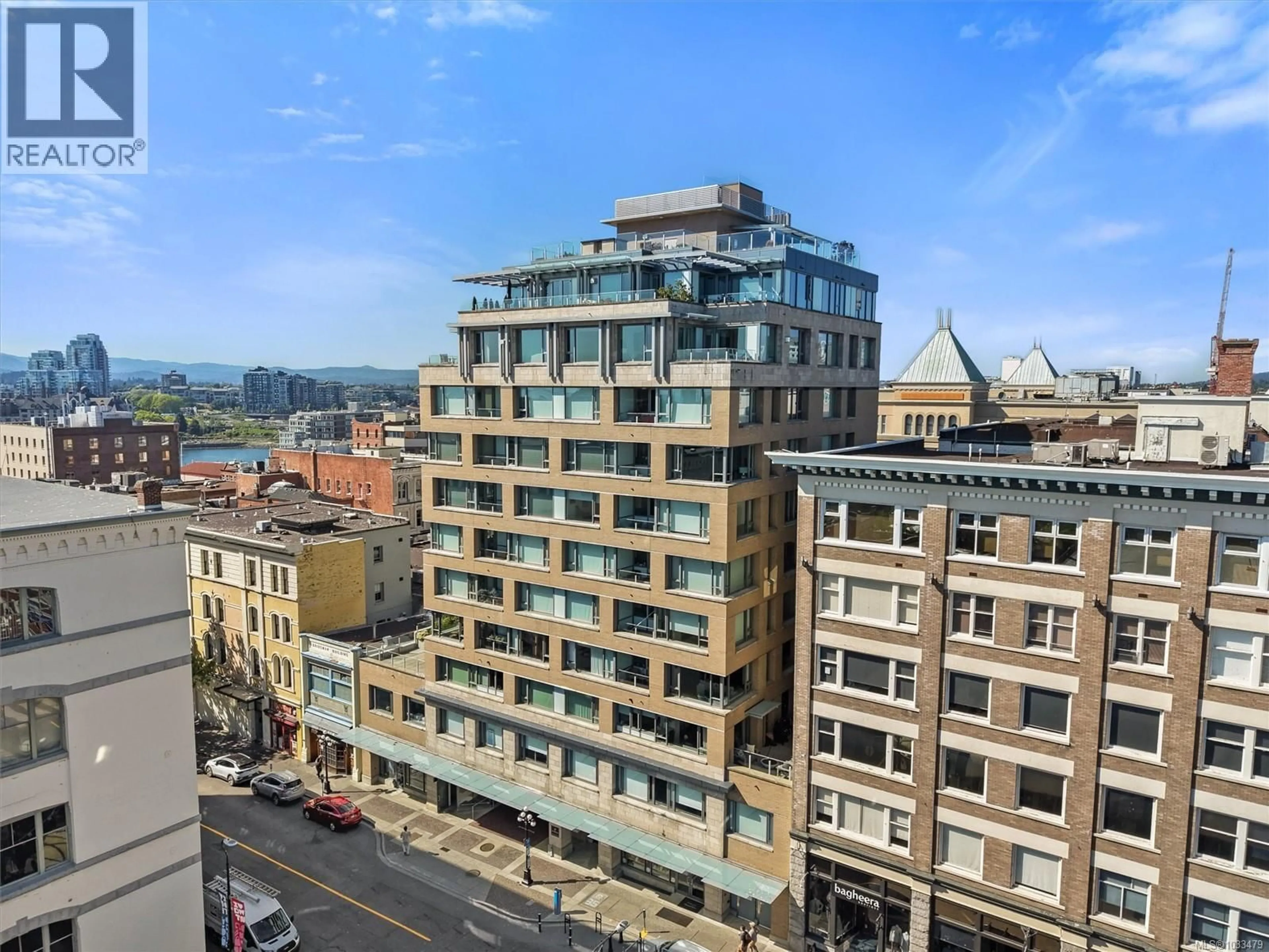 Balcony in the apartment, city buildings view from balcony for 701 - 608 BROUGHTON STREET, Victoria British Columbia V8W1C7