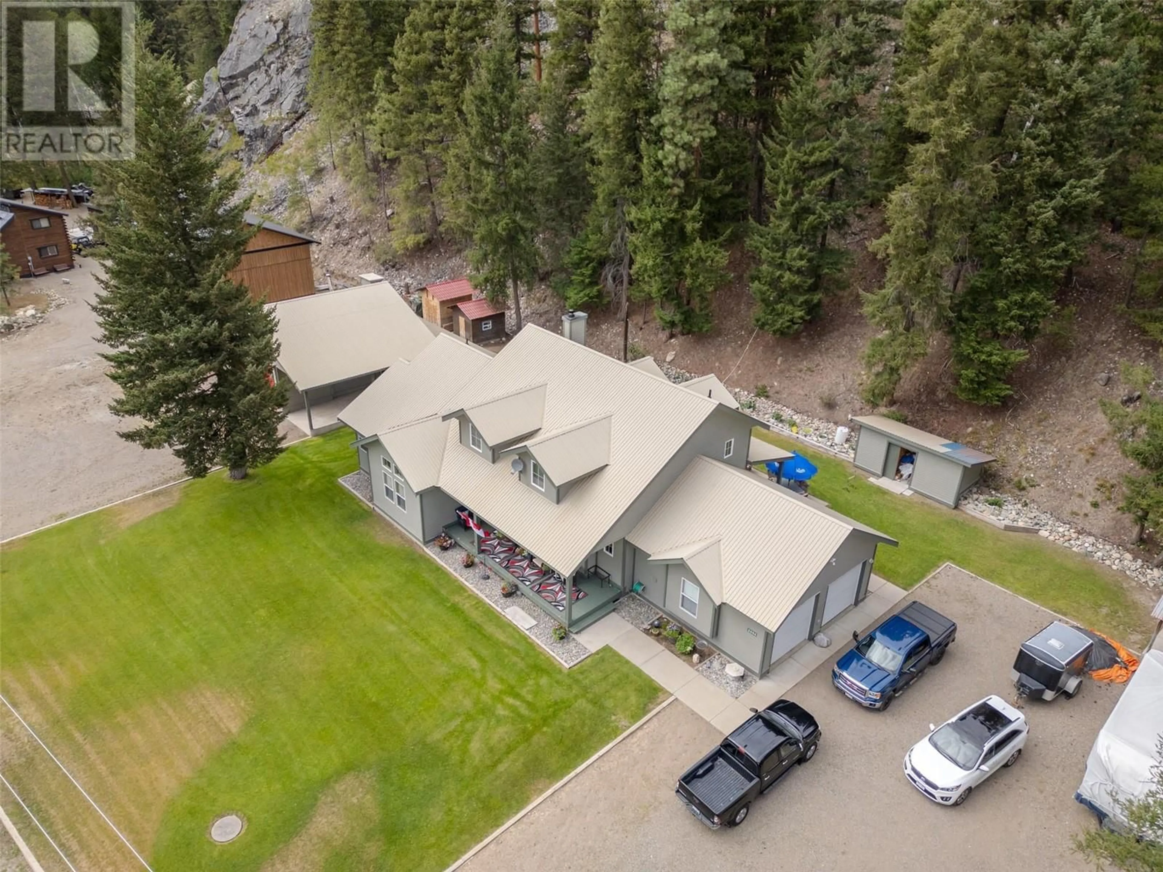 A pic from outside/outdoor area/front of a property/back of a property/a pic from drone, mountain view for 2454 COALMONT ROAD, Tulameen British Columbia V0X0A0