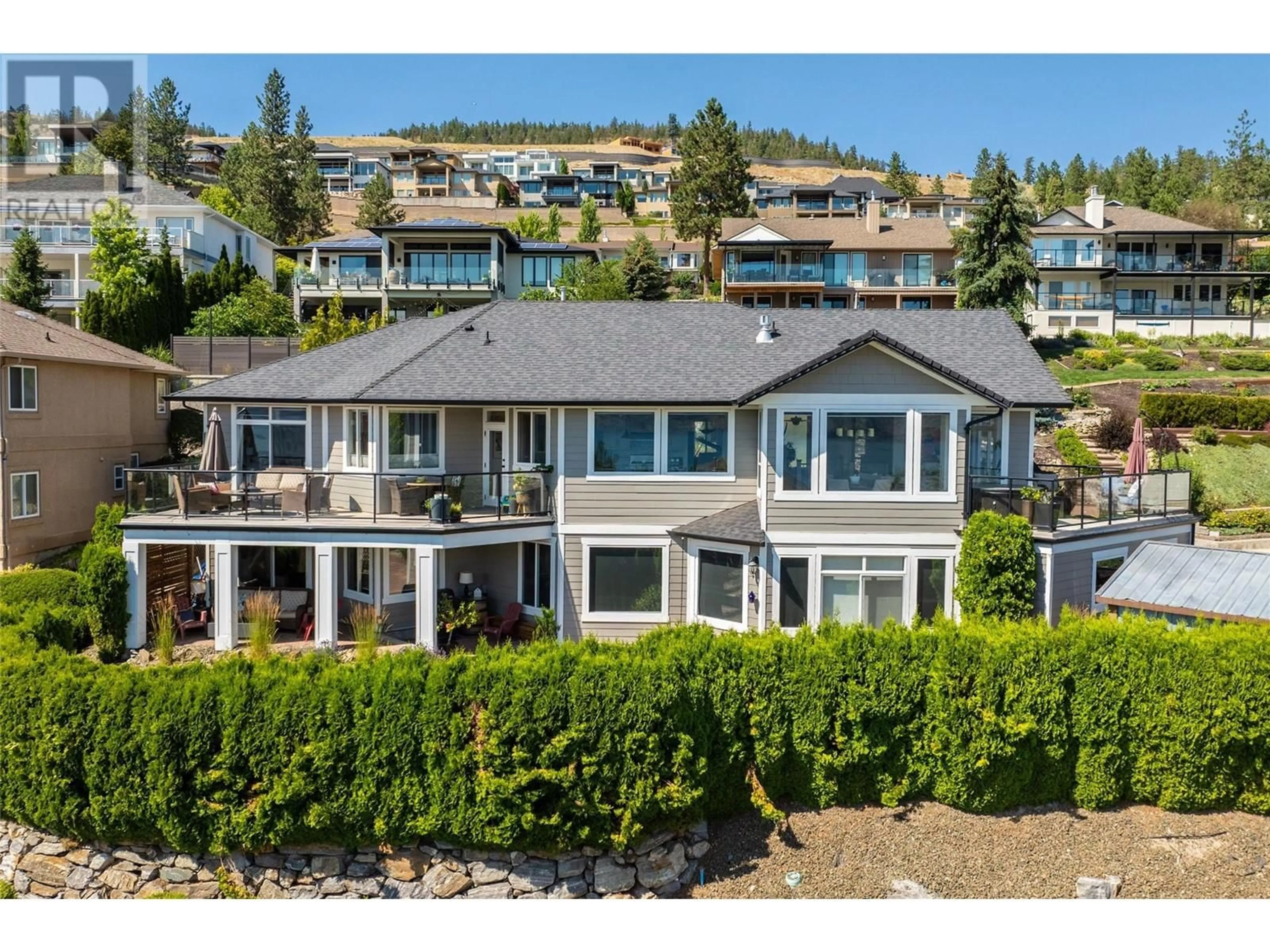 A pic from outside/outdoor area/front of a property/back of a property/a pic from drone, water/lake/river/ocean view for 1368 Gregory Road, West Kelowna British Columbia V1Z3P2