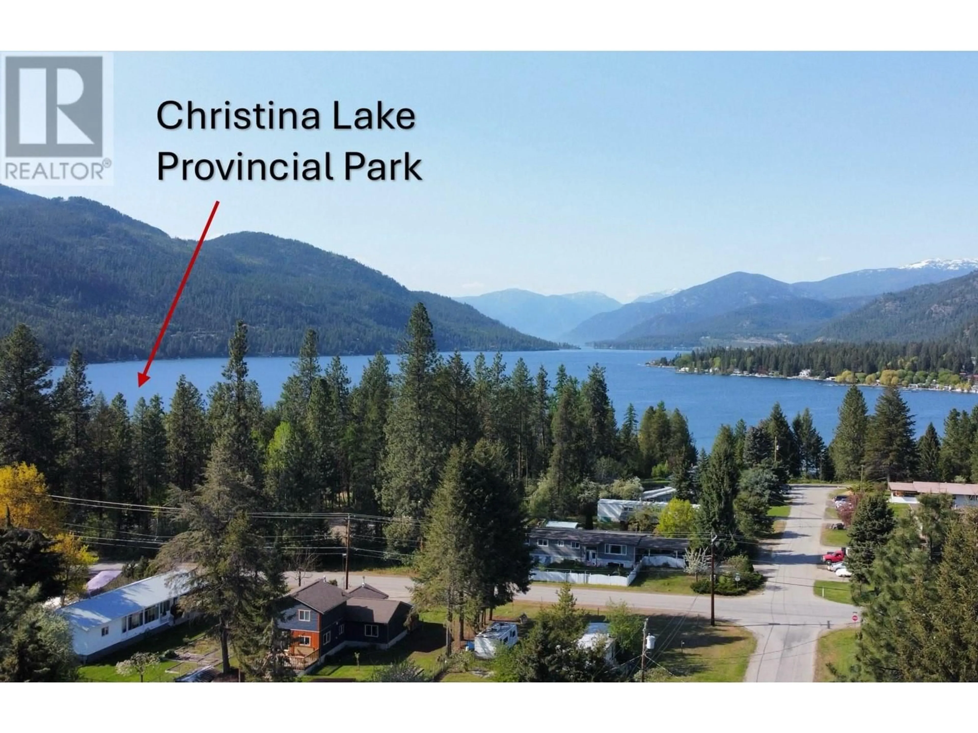 A pic from outside/outdoor area/front of a property/back of a property/a pic from drone, water/lake/river/ocean view for 93 HOLMES ROAD, Christina Lake British Columbia V0H1E0