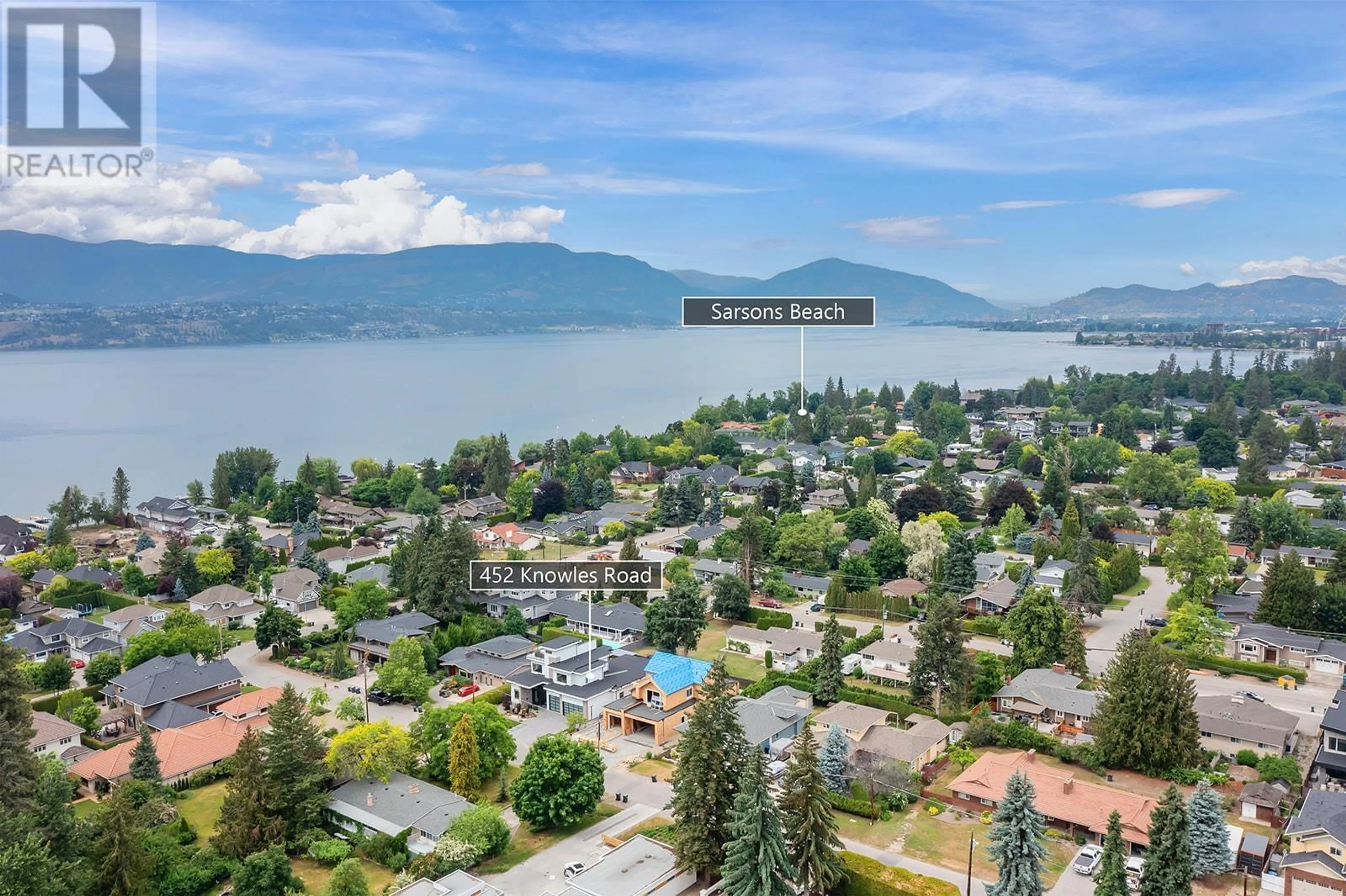 A pic from outside/outdoor area/front of a property/back of a property/a pic from drone, water/lake/river/ocean view for 452 Knowles Road, Kelowna British Columbia V1W1H3