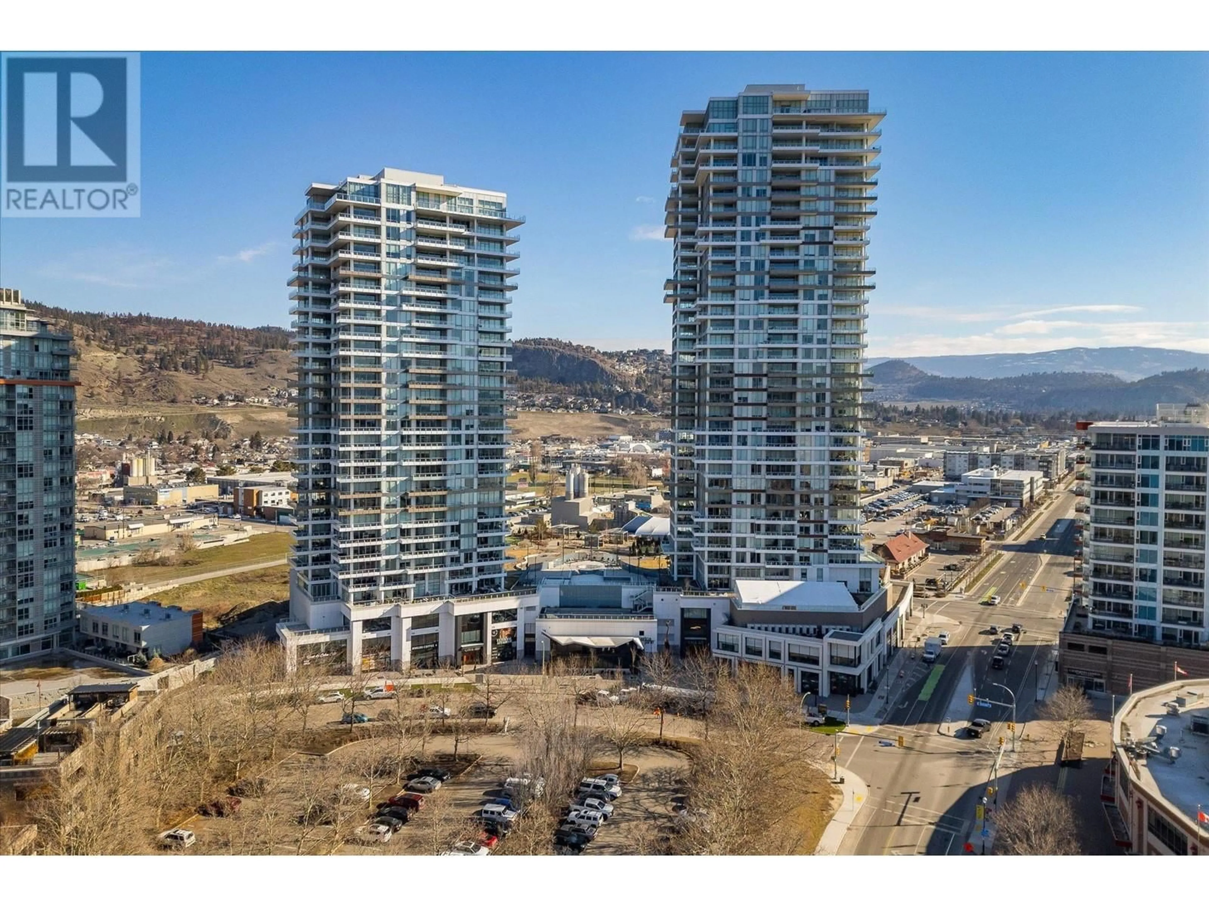 A pic from outside/outdoor area/front of a property/back of a property/a pic from drone, city buildings view from balcony for 2307 - 1181 SUNSET DRIVE, Kelowna British Columbia V1Y0L4