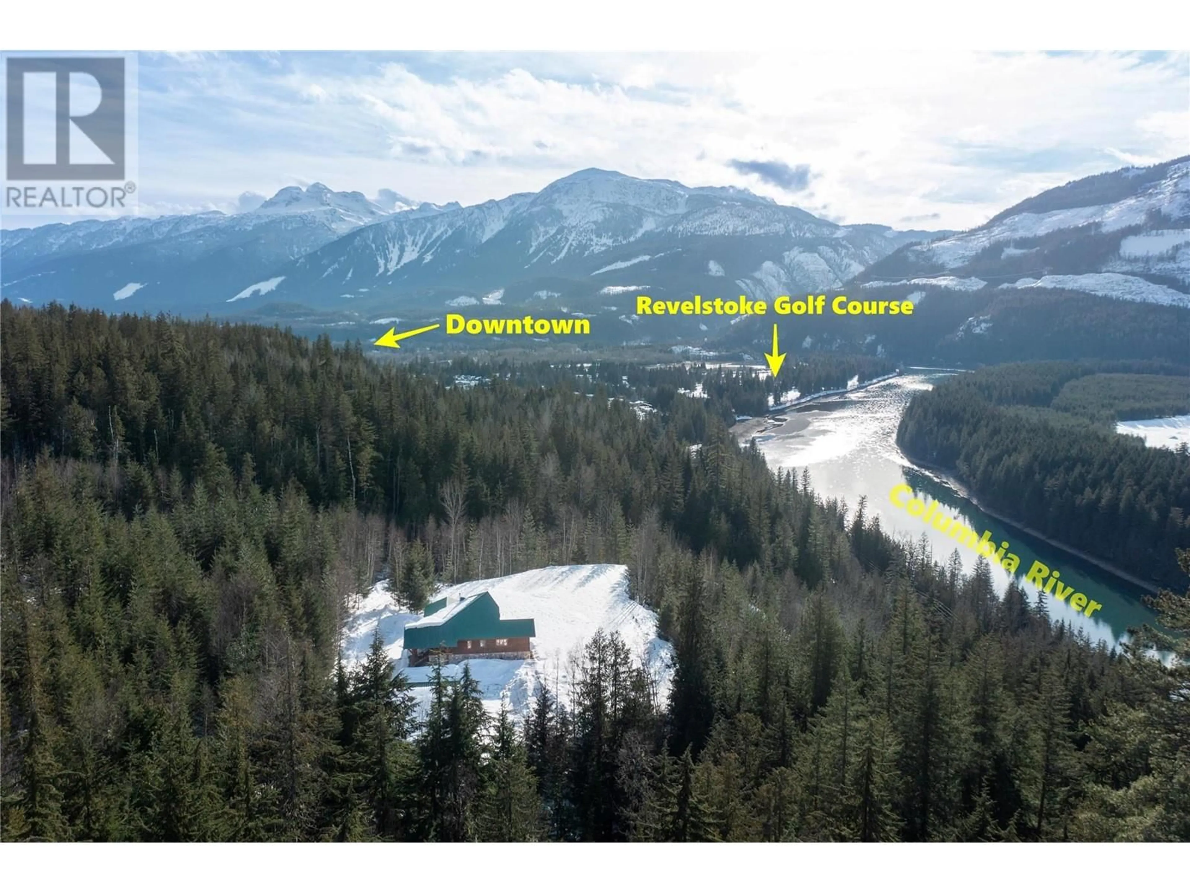 A pic from outside/outdoor area/front of a property/back of a property/a pic from drone, mountain view for 600 Highway 23 North, Revelstoke British Columbia V0E2S0