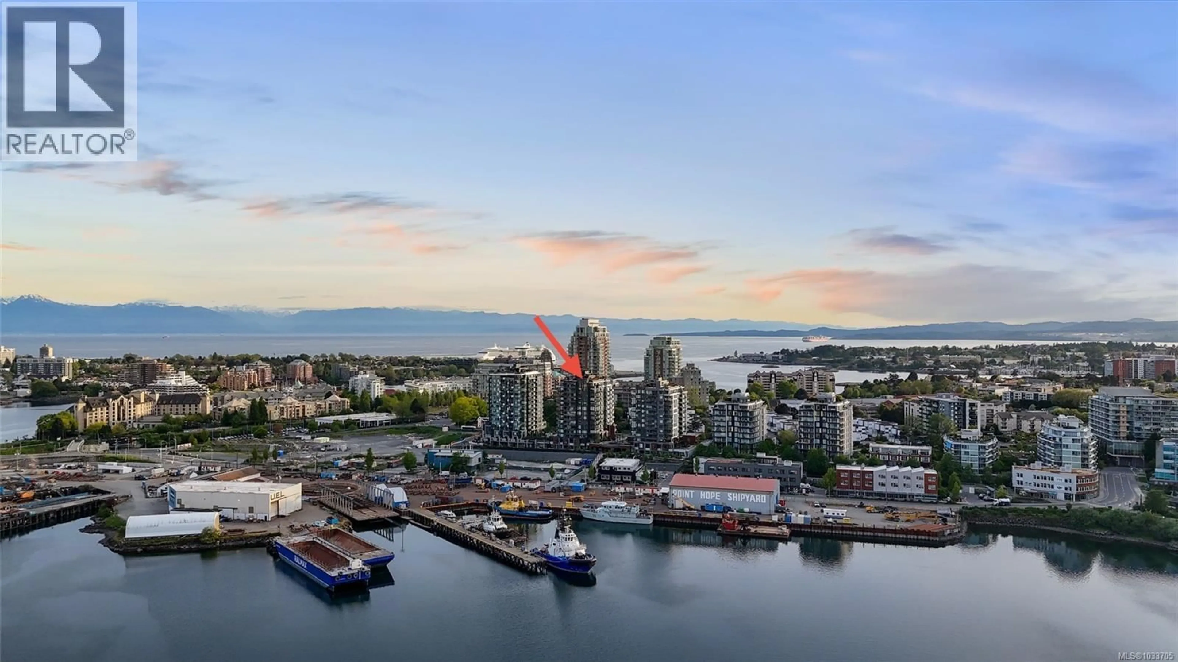 A pic from outside/outdoor area/front of a property/back of a property/a pic from drone, water/lake/river/ocean view for 408 - 363 TYEE ROAD, Victoria British Columbia V9A0B5