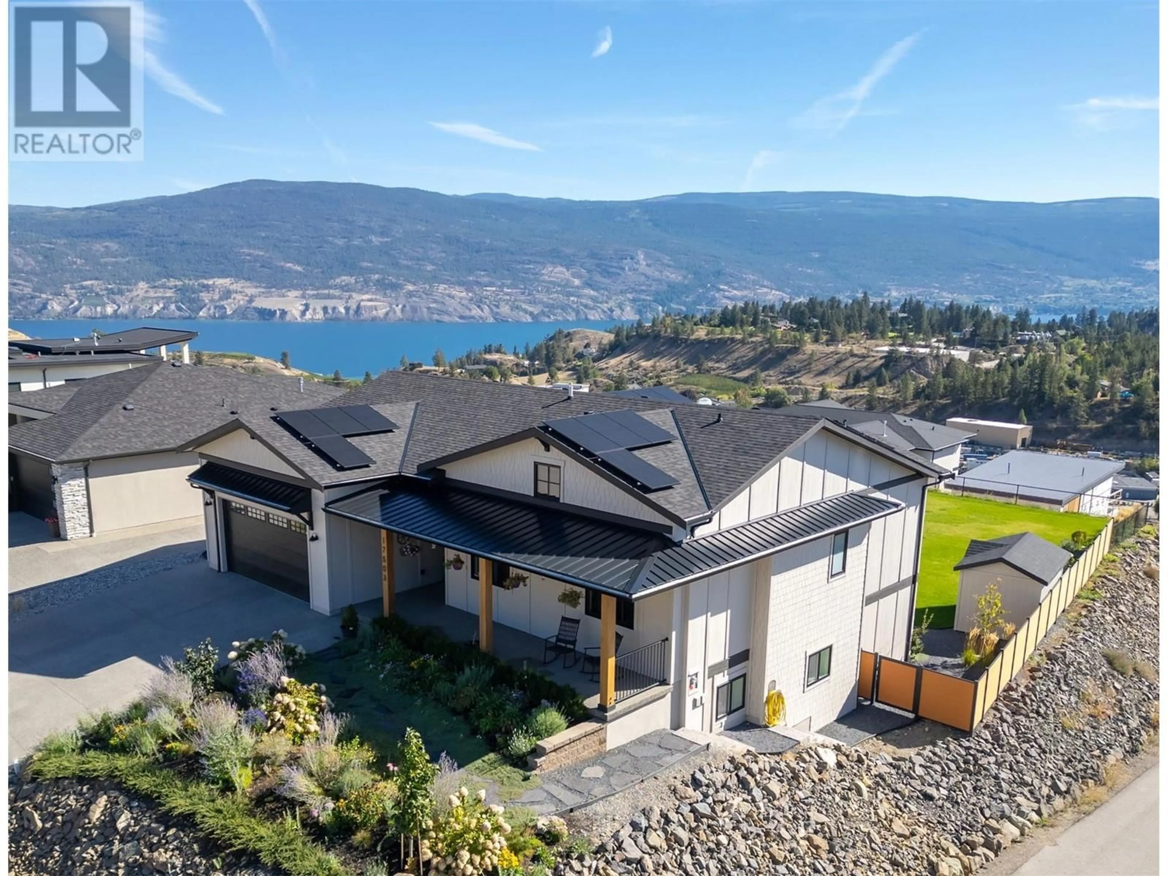 A pic from outside/outdoor area/front of a property/back of a property/a pic from drone, water/lake/river/ocean view for 17503 SANBORN STREET, Summerland British Columbia V0H1Z3