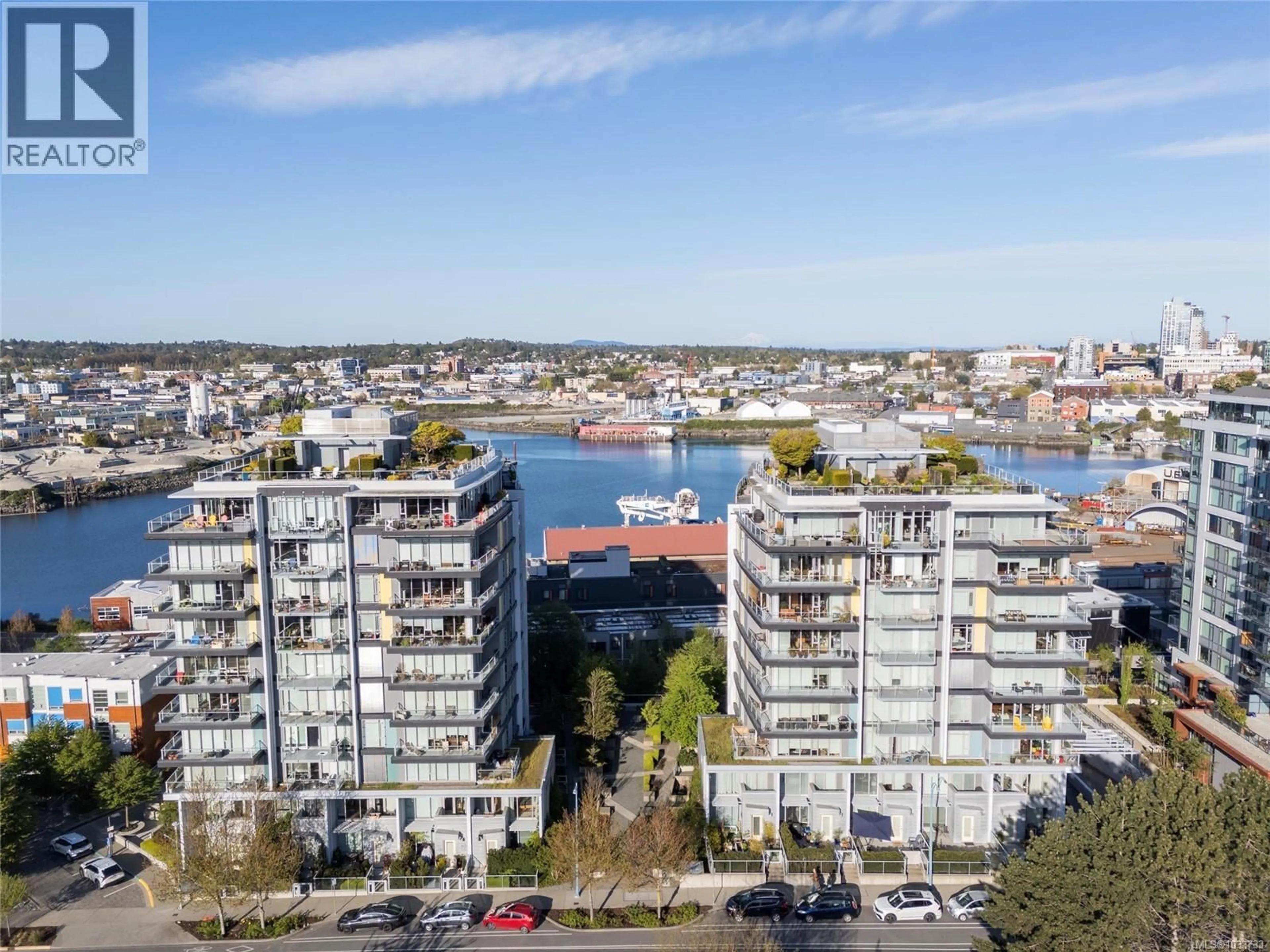 A pic from outside/outdoor area/front of a property/back of a property/a pic from drone, water/lake/river/ocean view for 803 - 373 TYEE ROAD, Victoria British Columbia V9A0B3