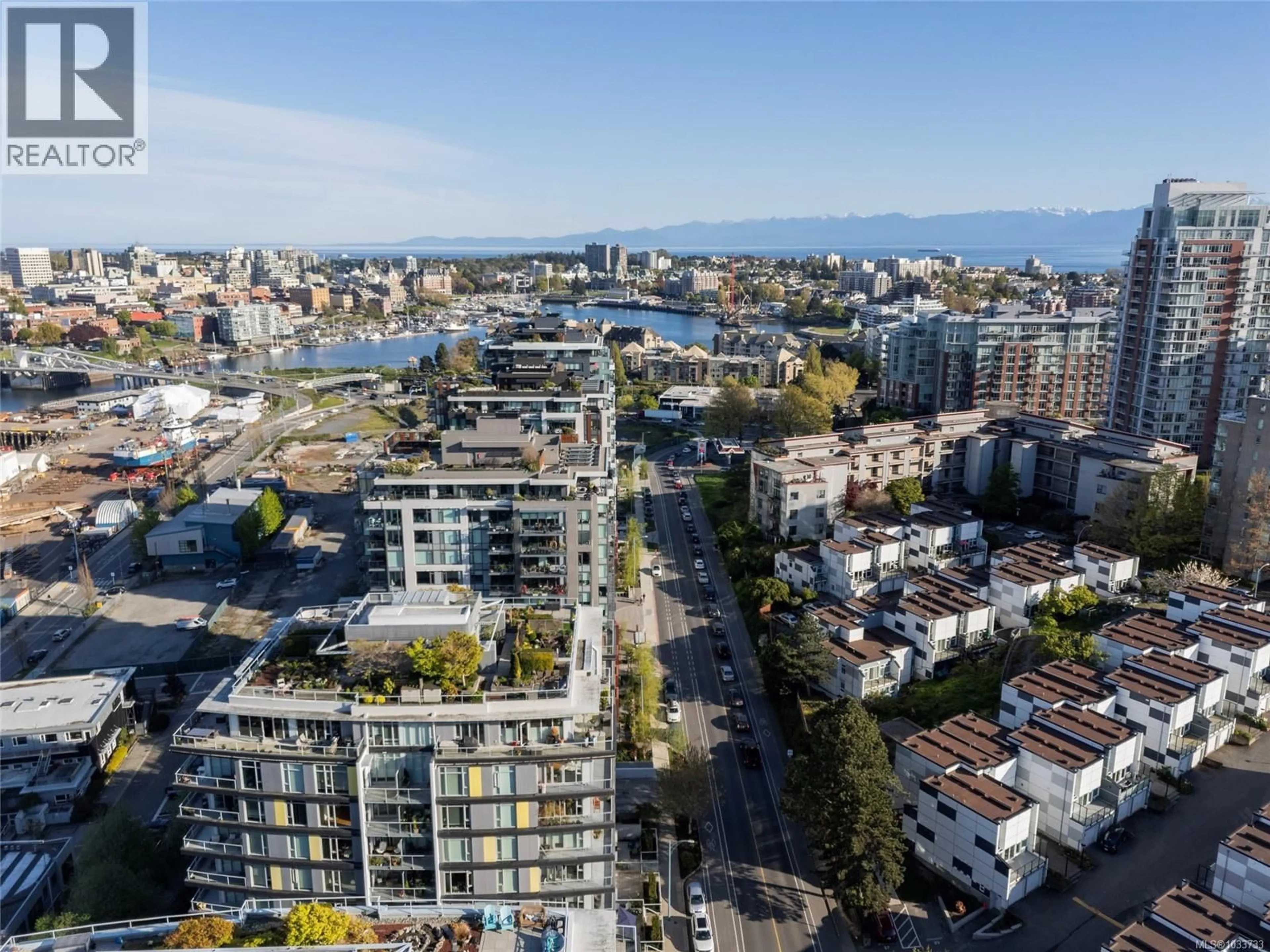 A pic from outside/outdoor area/front of a property/back of a property/a pic from drone, city buildings view from balcony for 803 - 373 TYEE ROAD, Victoria British Columbia V9A0B3