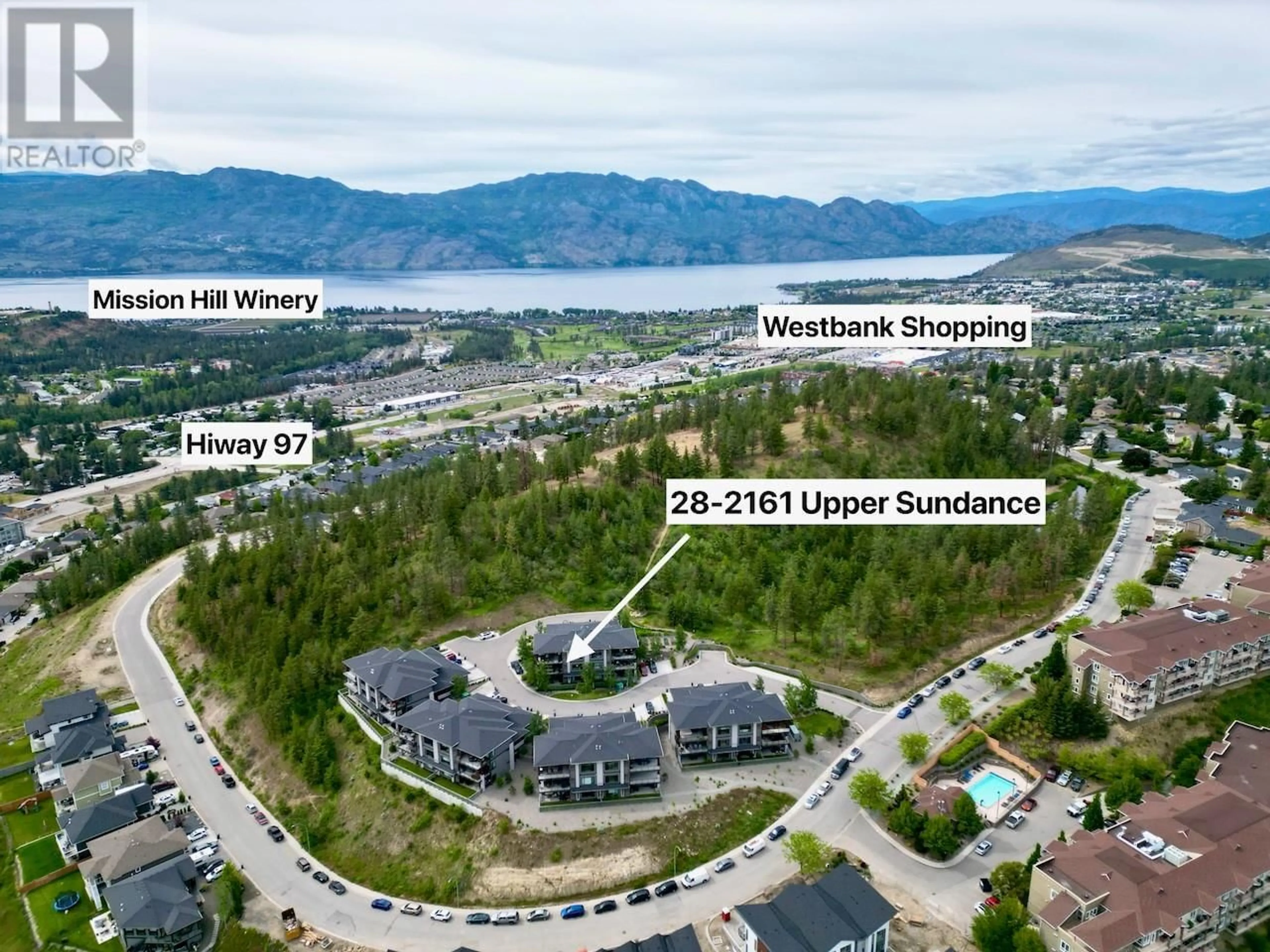 A pic from outside/outdoor area/front of a property/back of a property/a pic from drone, water/lake/river/ocean view for 28 - 2161 UPPER SUNDANCE DRIVE, West Kelowna British Columbia V4T3M9