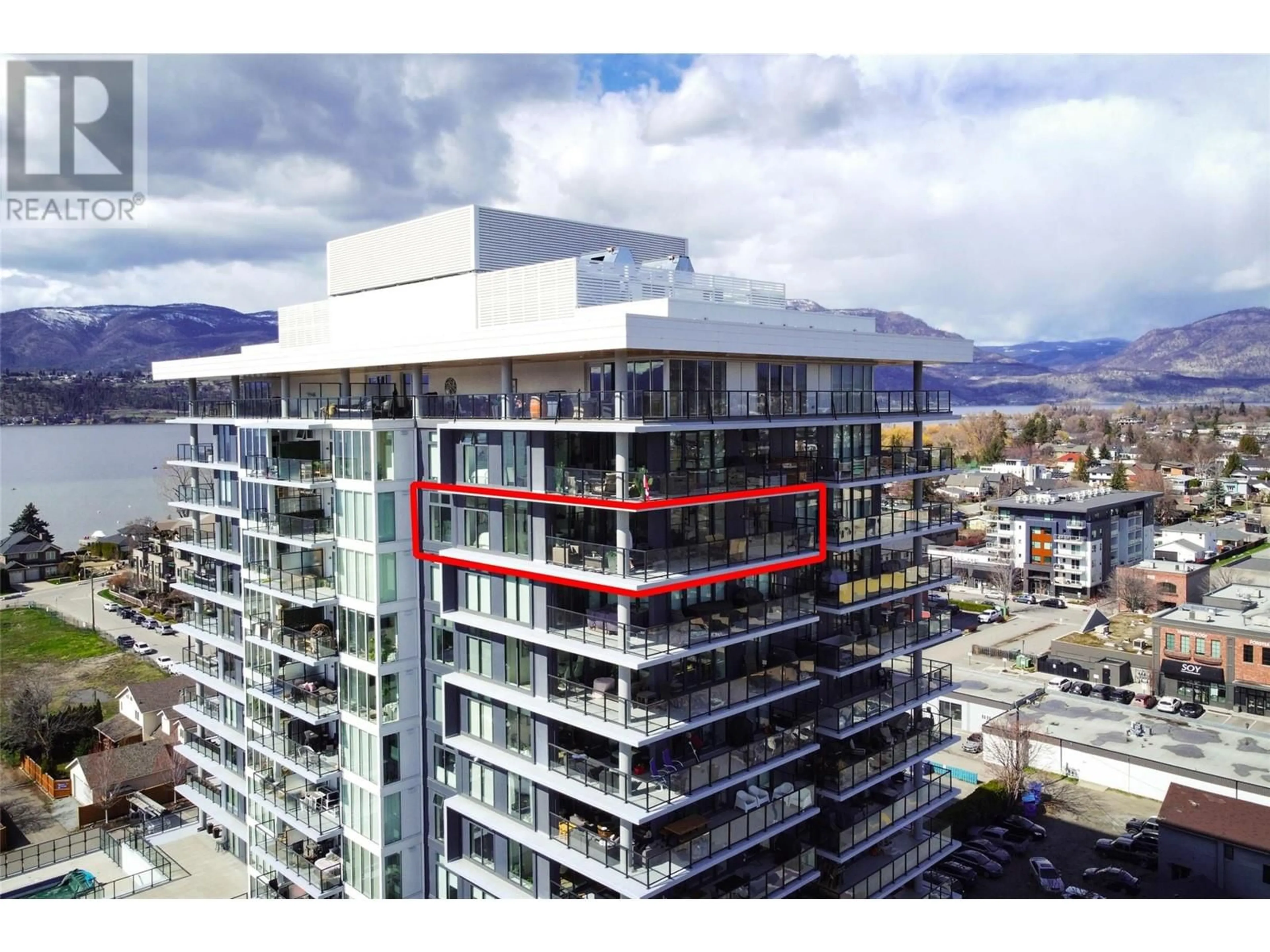 A pic from outside/outdoor area/front of a property/back of a property/a pic from drone, building for 1202 - 485 GROVES AVENUE, Kelowna British Columbia V1Y0C1