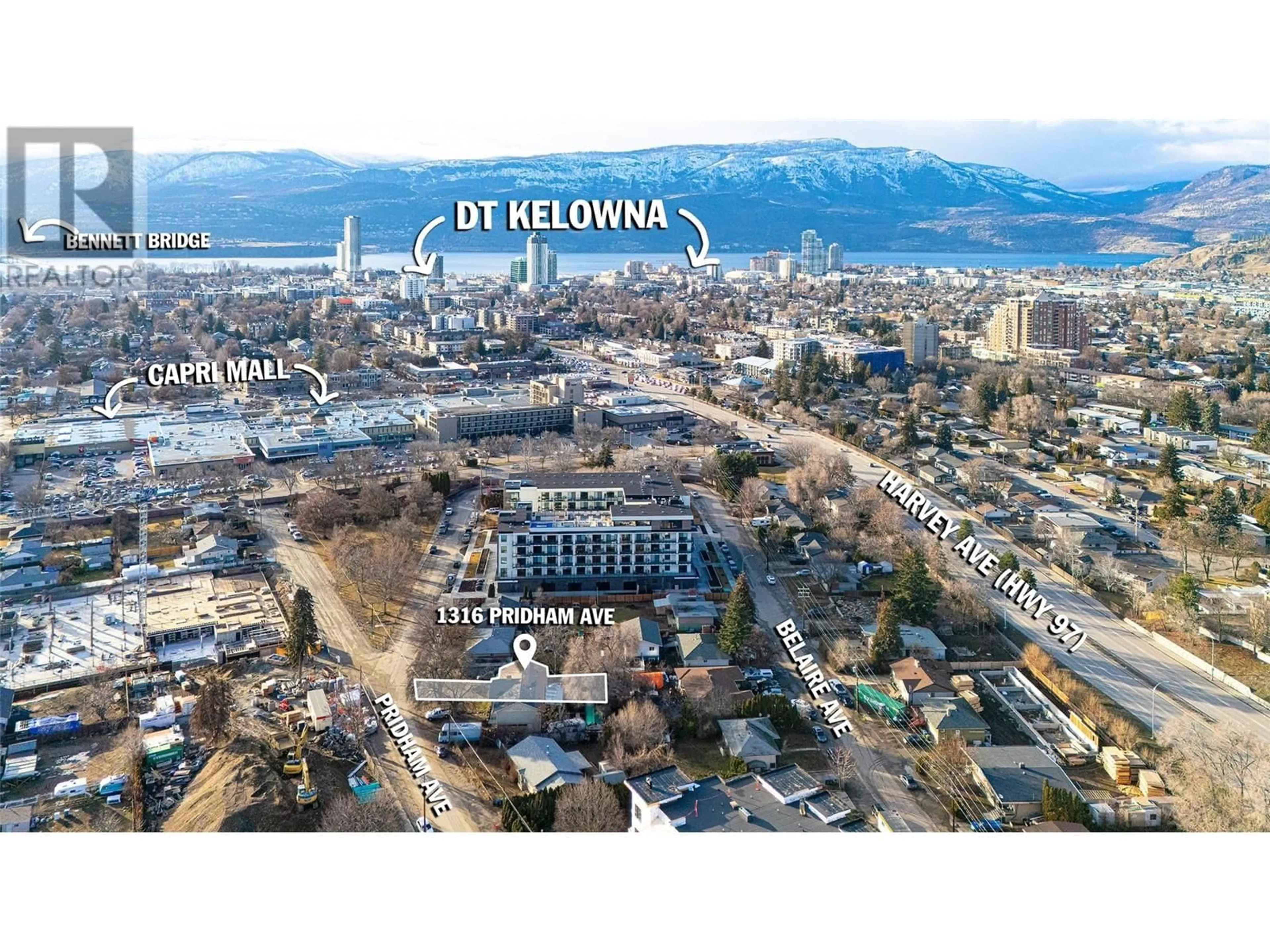 A pic from outside/outdoor area/front of a property/back of a property/a pic from drone, mountain view for 1316 PRIDHAM AVENUE, Kelowna British Columbia V1Y6B5