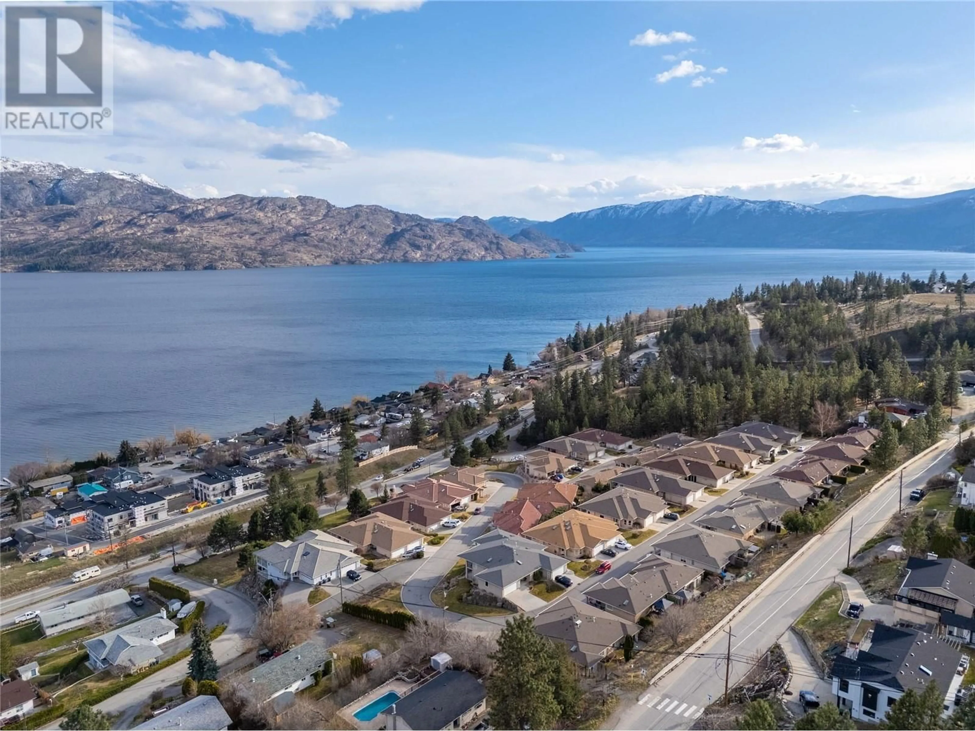 A pic from outside/outdoor area/front of a property/back of a property/a pic from drone, water/lake/river/ocean view for 126 - 5300 HUSTON ROAD, Peachland British Columbia V0H1X2