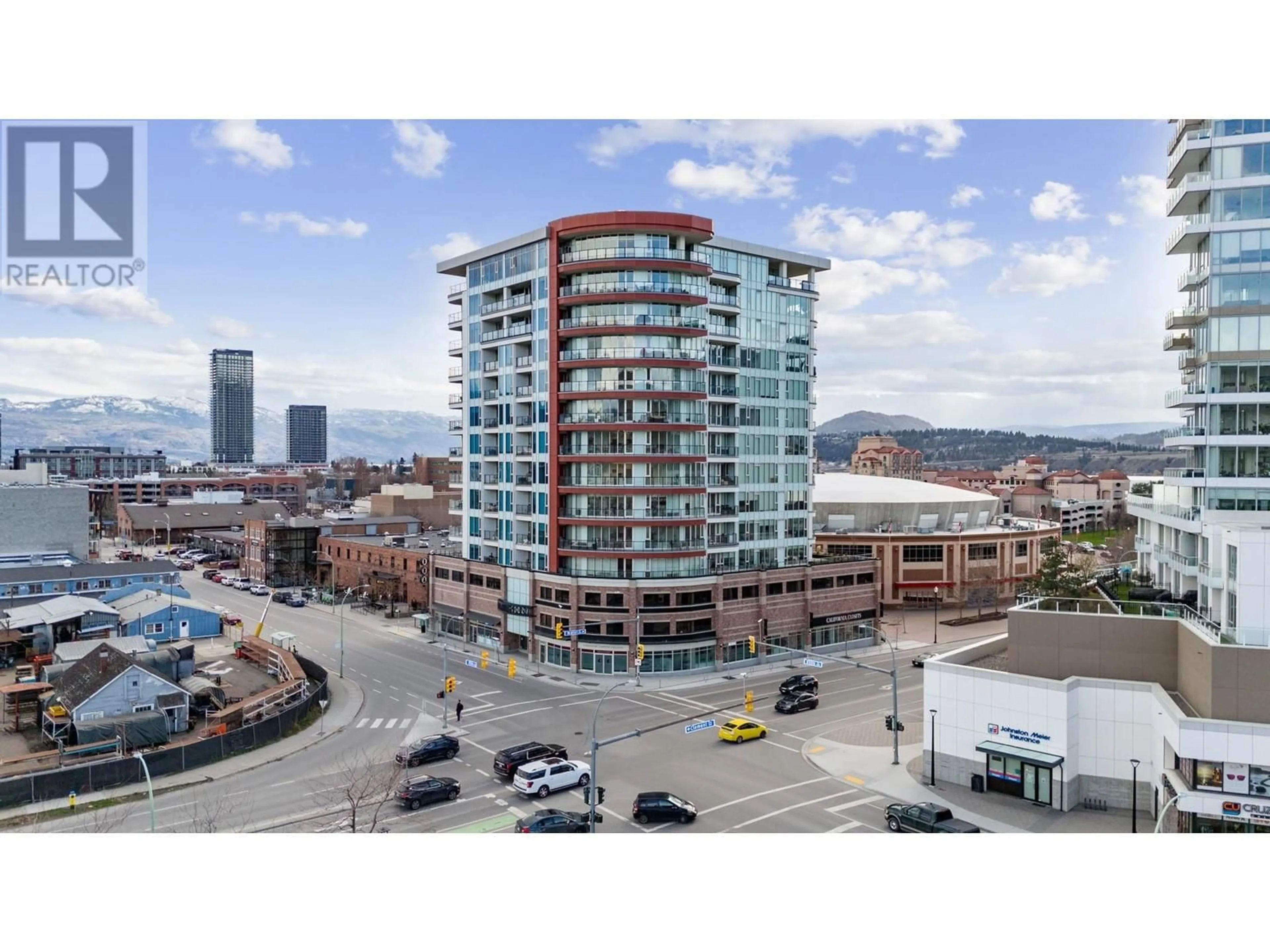 A pic from outside/outdoor area/front of a property/back of a property/a pic from drone, city buildings view from balcony for 503 - 1232 ELLIS STREET, Kelowna British Columbia V1Y1Z4