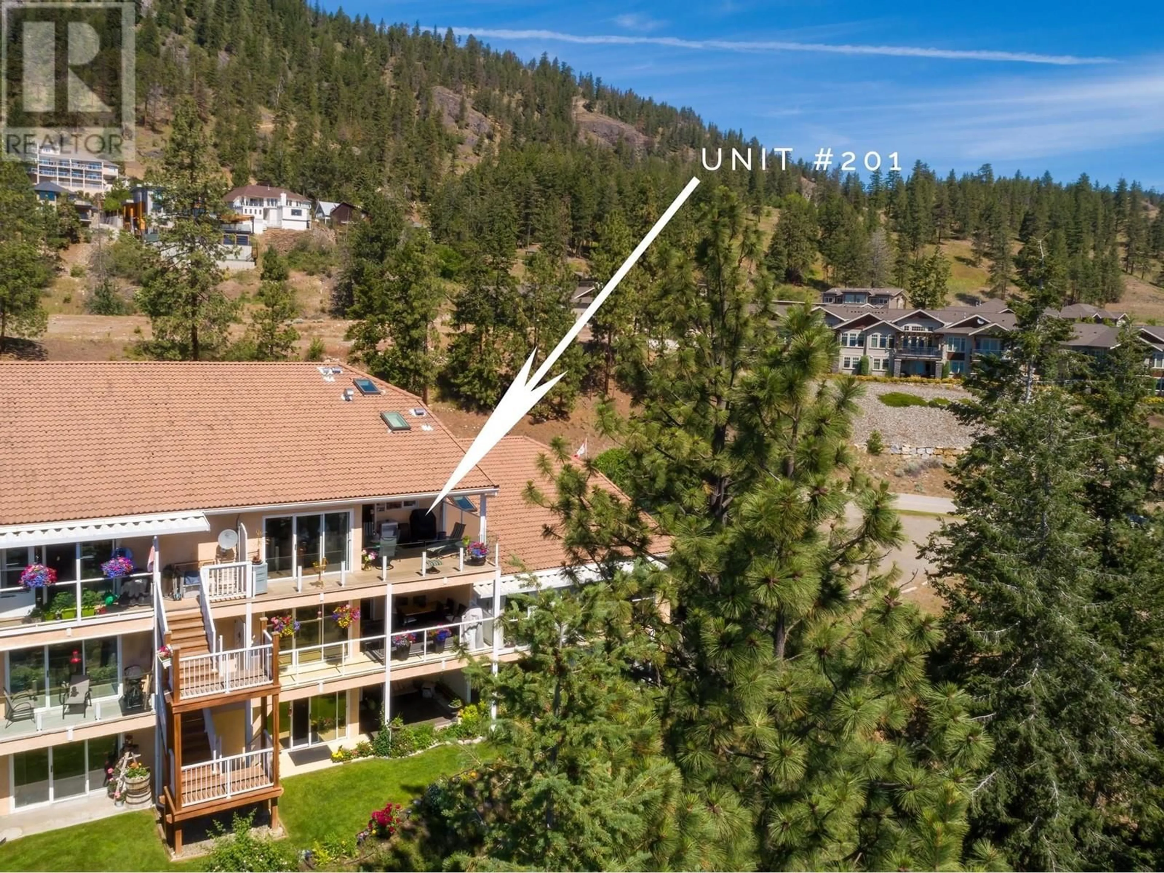 A pic from outside/outdoor area/front of a property/back of a property/a pic from drone, water/lake/river/ocean view for 201 - 4450 PONDEROSA DRIVE, Peachland British Columbia V0H1X5