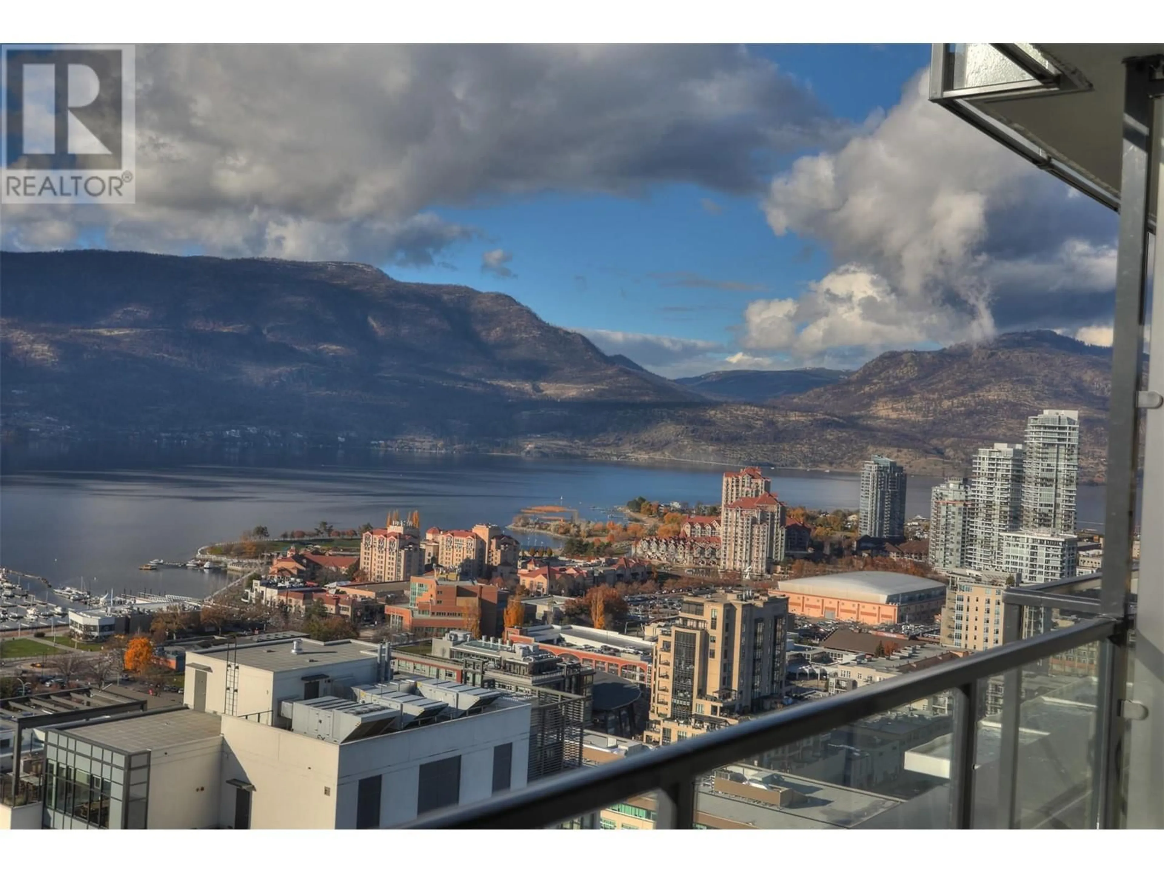 Balcony in the apartment, city buildings view from balcony for 3101 - 1488 BERTRAM STREET, Kelowna British Columbia V1Y6P2