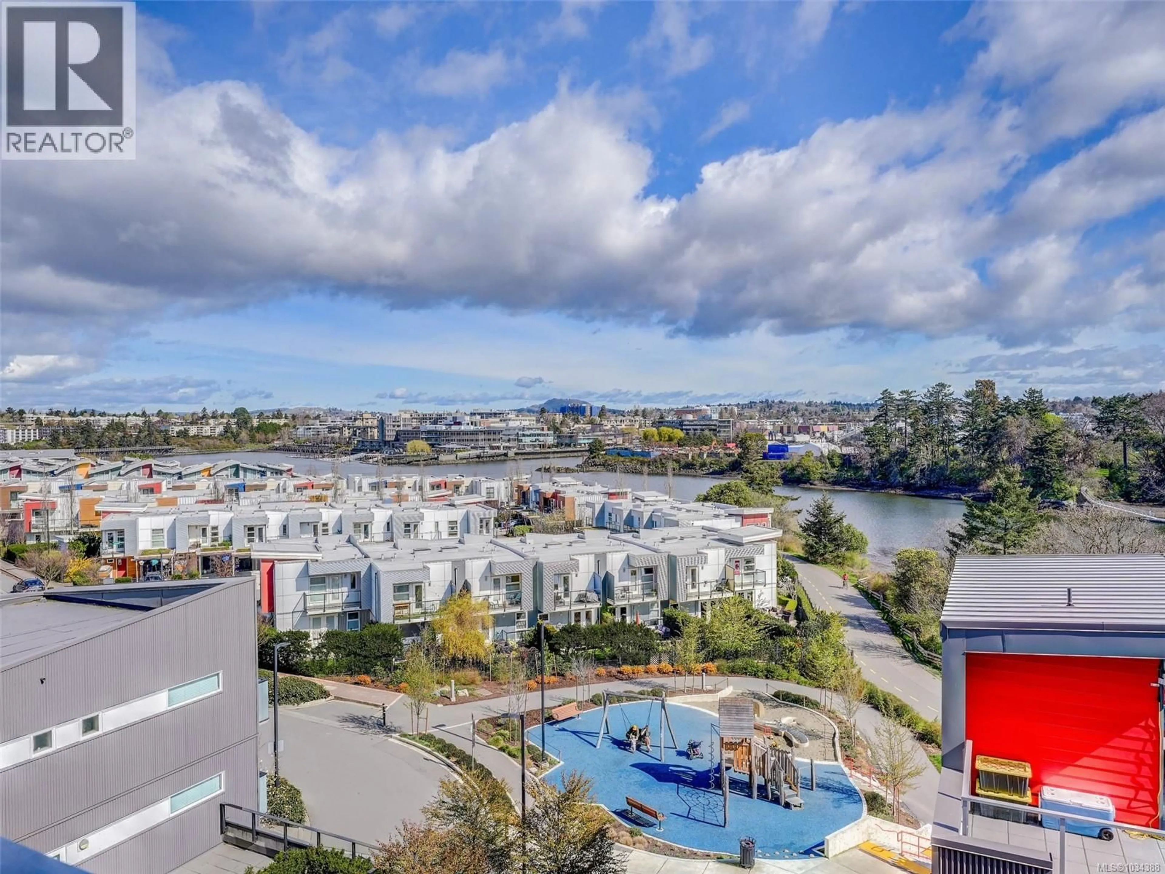 A pic from outside/outdoor area/front of a property/back of a property/a pic from drone, city buildings view from balcony for 403 - 757 TYEE ROAD, Victoria British Columbia V9A7P7