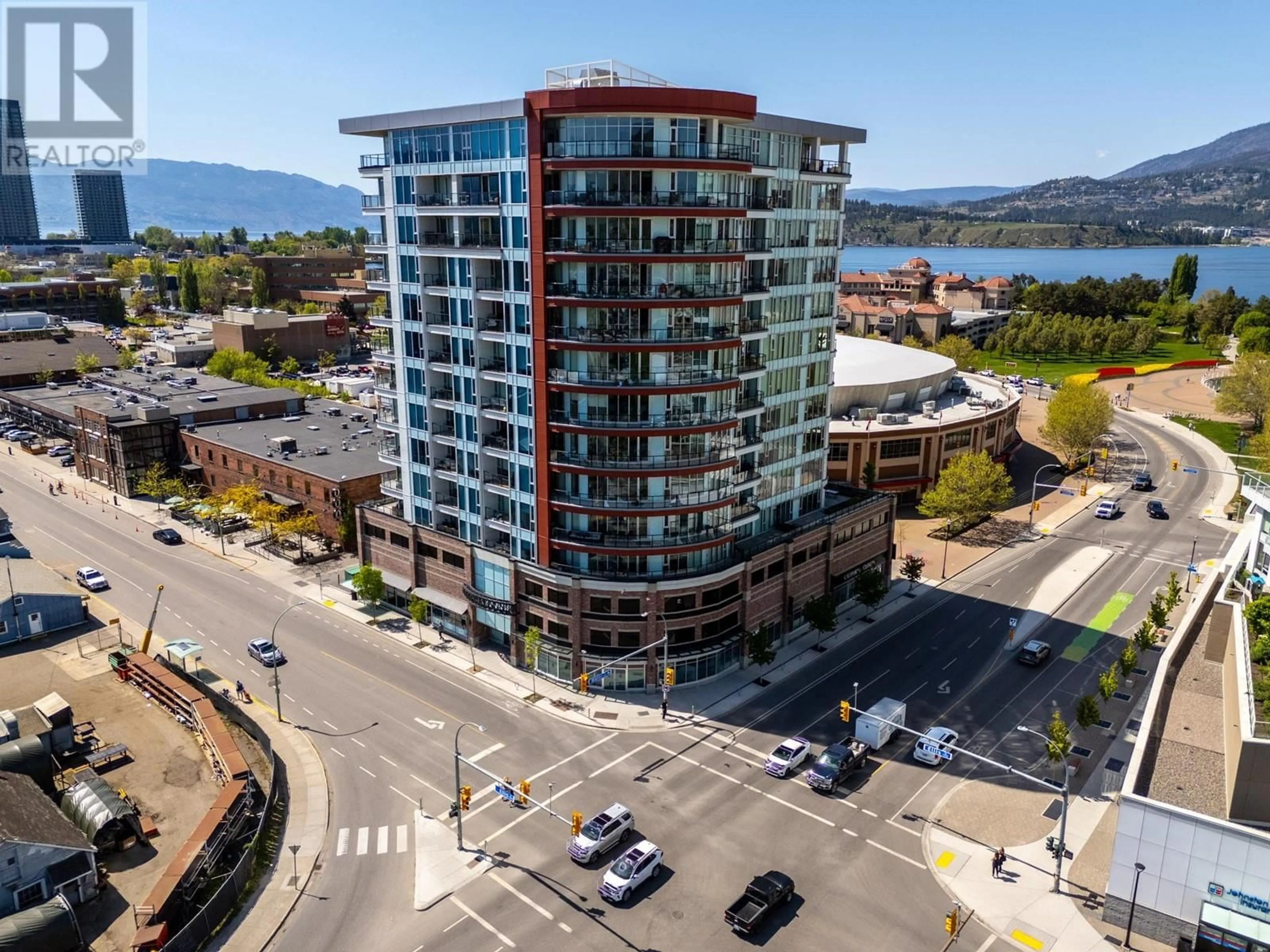 A pic from outside/outdoor area/front of a property/back of a property/a pic from drone, water/lake/river/ocean view for 602 - 1232 ELLIS STREET, Kelowna British Columbia V1Y0J6