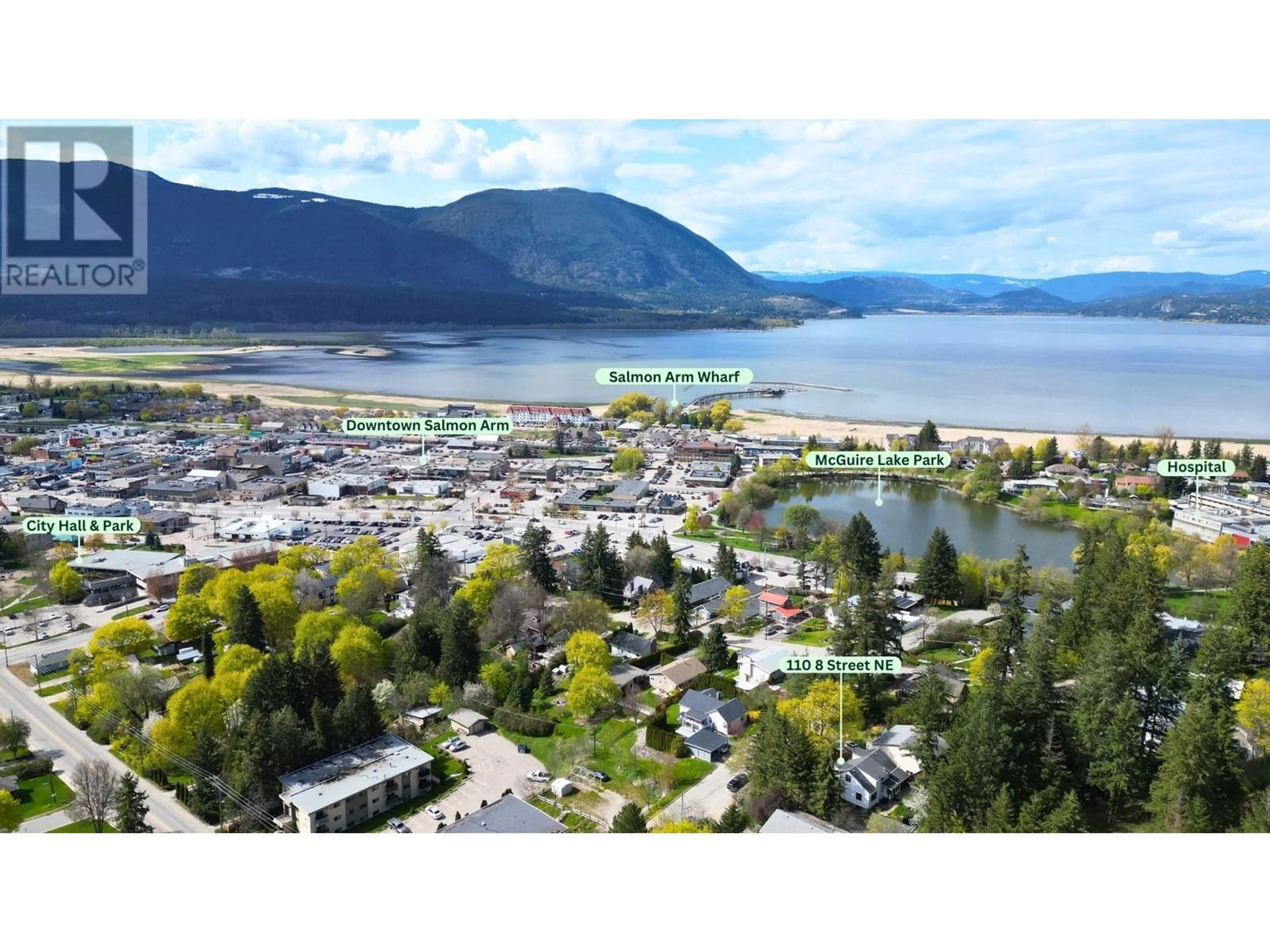 A pic from outside/outdoor area/front of a property/back of a property/a pic from drone, water/lake/river/ocean view for 110 8 STREET NORTHEAST, Salmon Arm British Columbia V1E1G9