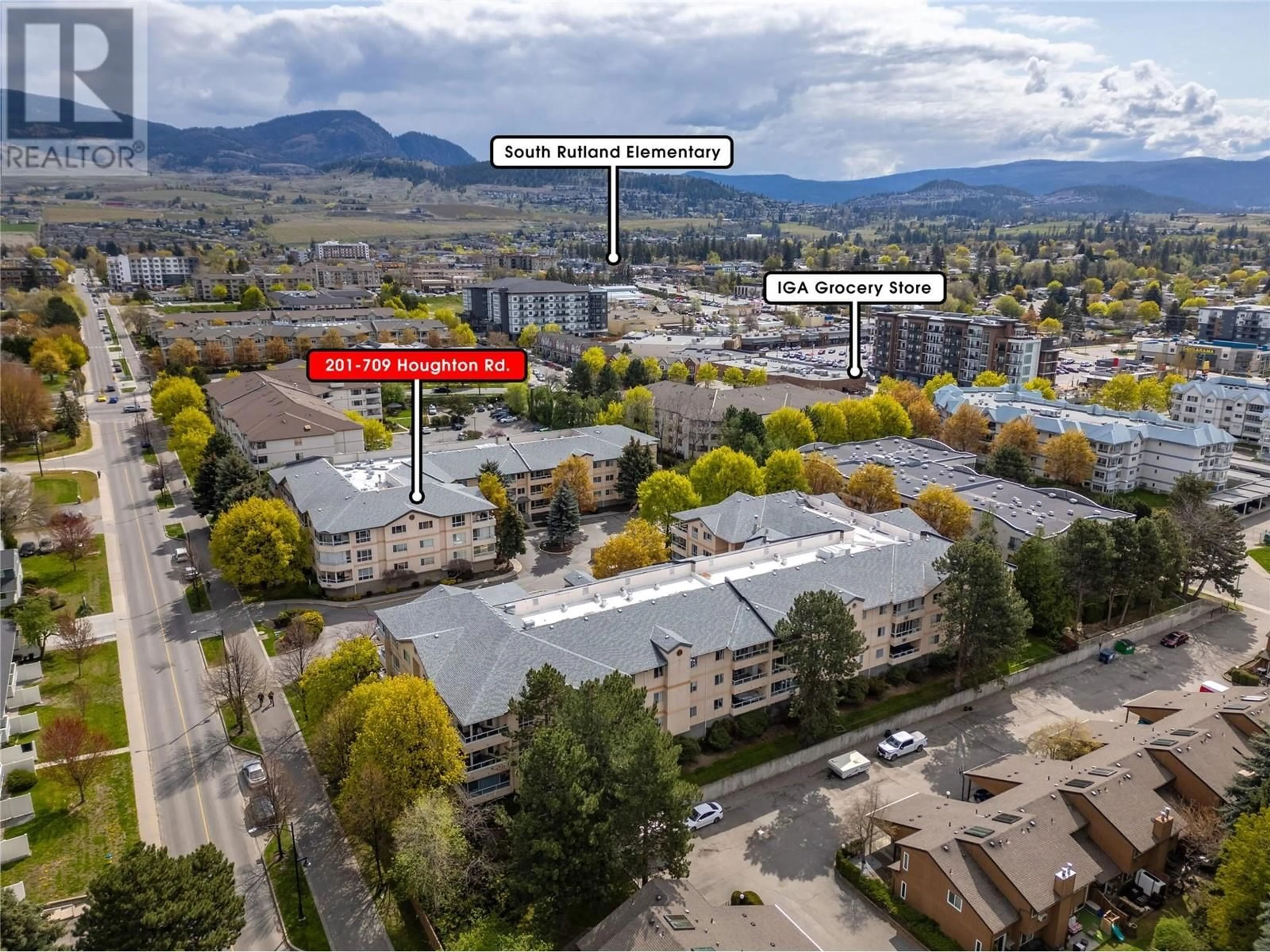 A pic from outside/outdoor area/front of a property/back of a property/a pic from drone, mountain view for 201 - 709 HOUGHTON ROAD, Kelowna British Columbia V1X7J7