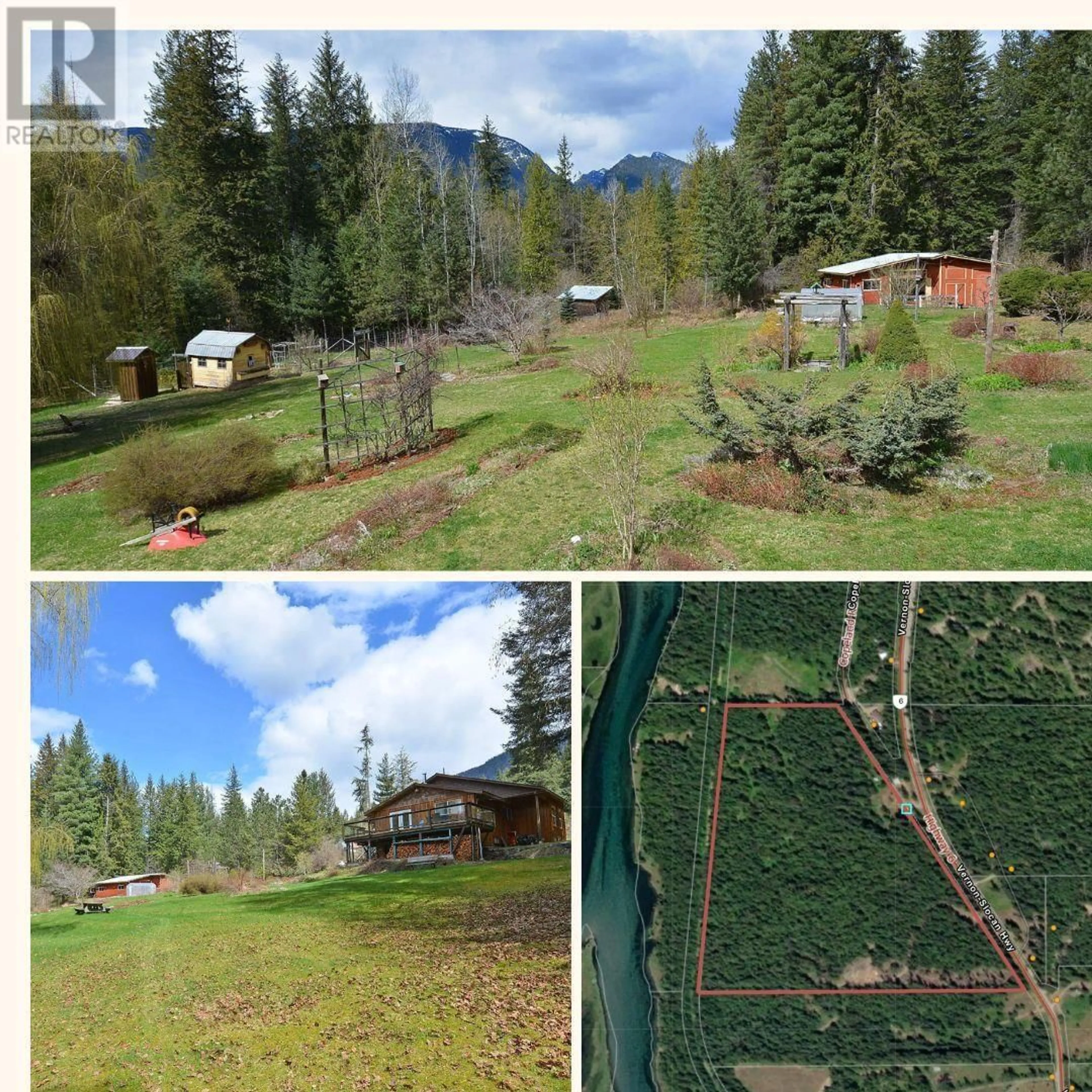 A pic from outside/outdoor area/front of a property/back of a property/a pic from drone, forest/trees view for 8481 6 HIGHWAY, Slocan British Columbia V1L2C0