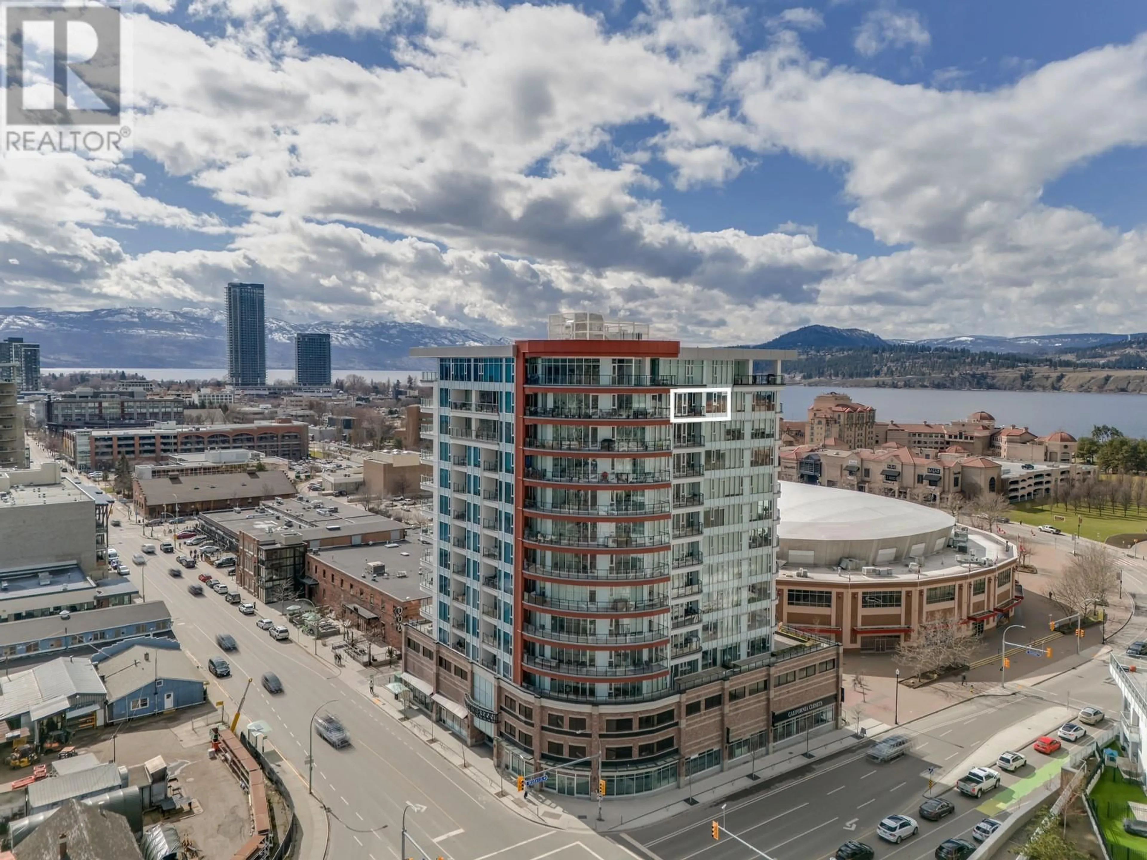 A pic from outside/outdoor area/front of a property/back of a property/a pic from drone, city buildings view from balcony for 1304 - 1232 ELLIS STREET, Kelowna British Columbia V1Y0J6