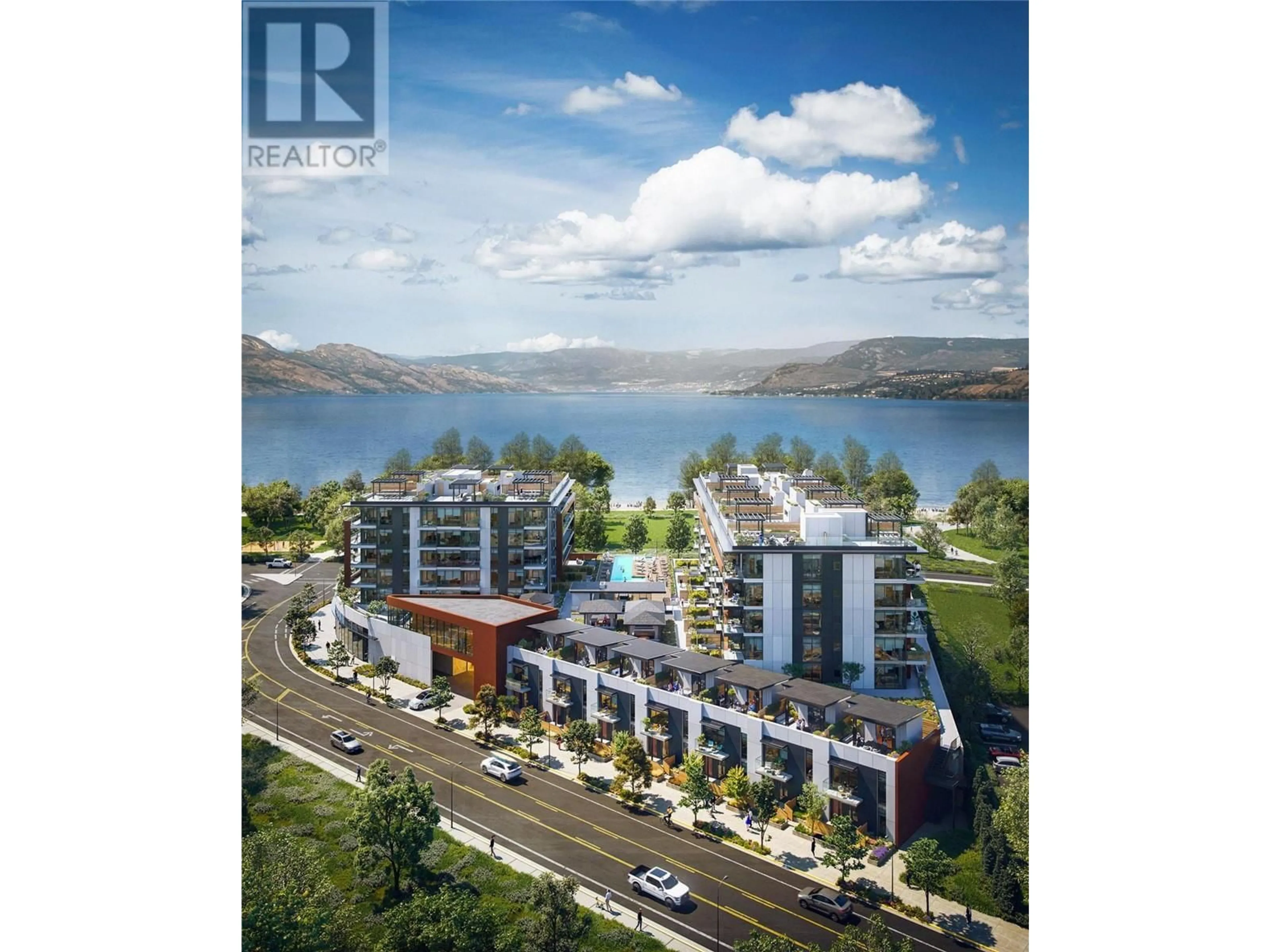 A pic from outside/outdoor area/front of a property/back of a property/a pic from drone, water/lake/river/ocean view for 504 - 3409 LAKESHORE ROAD, Kelowna British Columbia V1W0G6