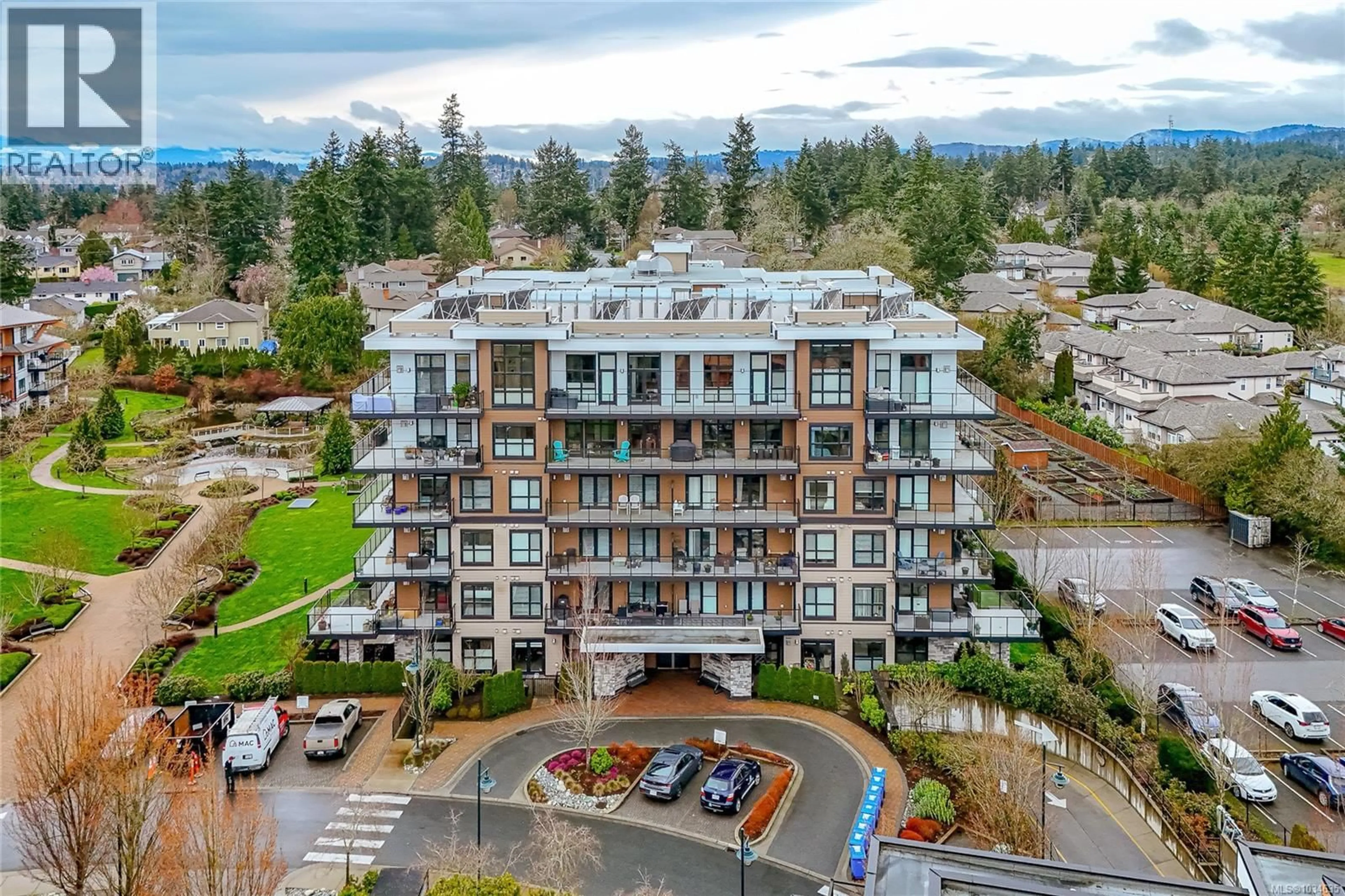 A pic from outside/outdoor area/front of a property/back of a property/a pic from drone, mountain view for 204 - 741 TRAVINO LANE, Saanich British Columbia V8Z0G3