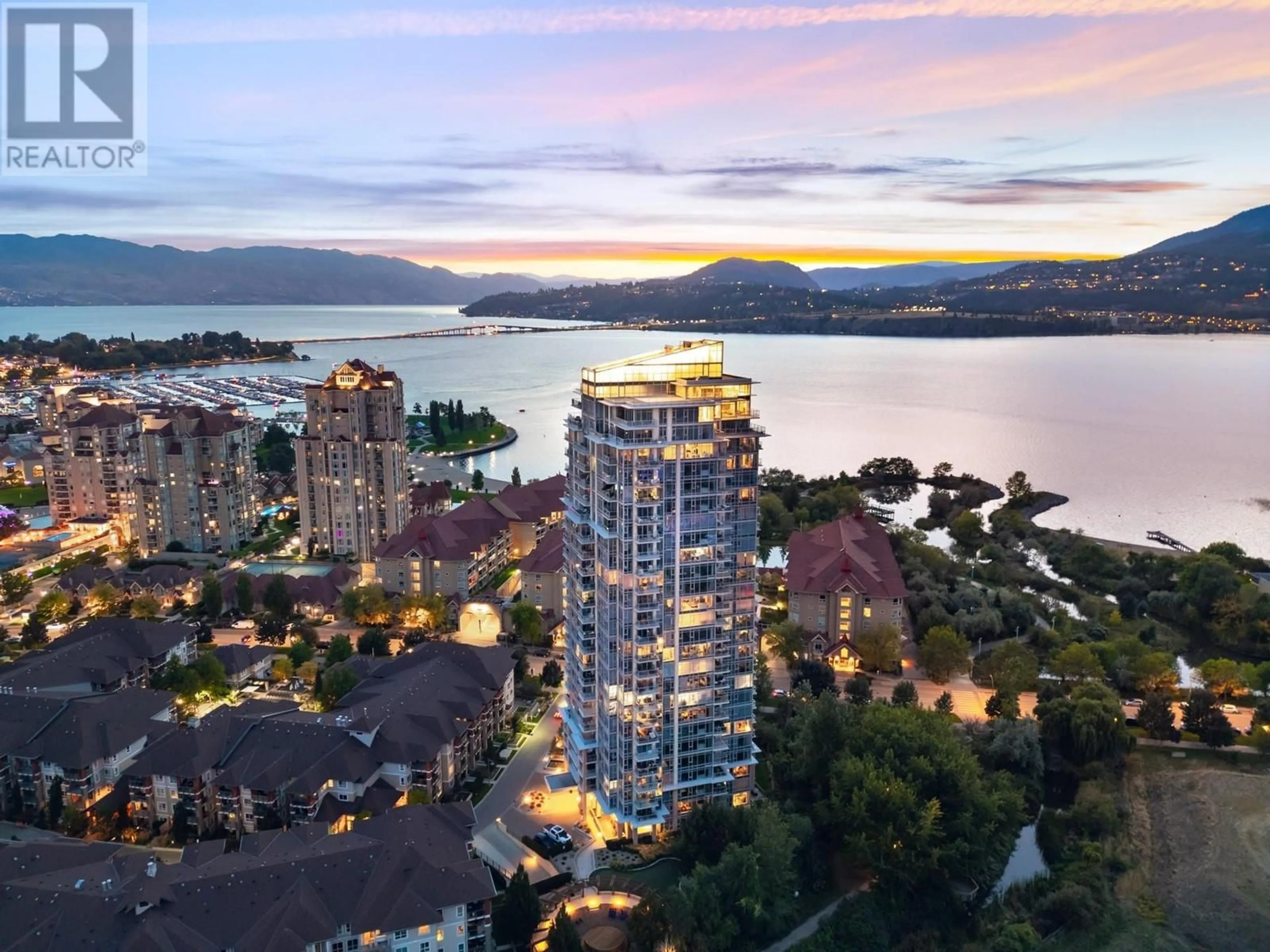 A pic from outside/outdoor area/front of a property/back of a property/a pic from drone, water/lake/river/ocean view for PH1 - 1075 SUNSET DRIVE, Kelowna British Columbia V1Y9Y9