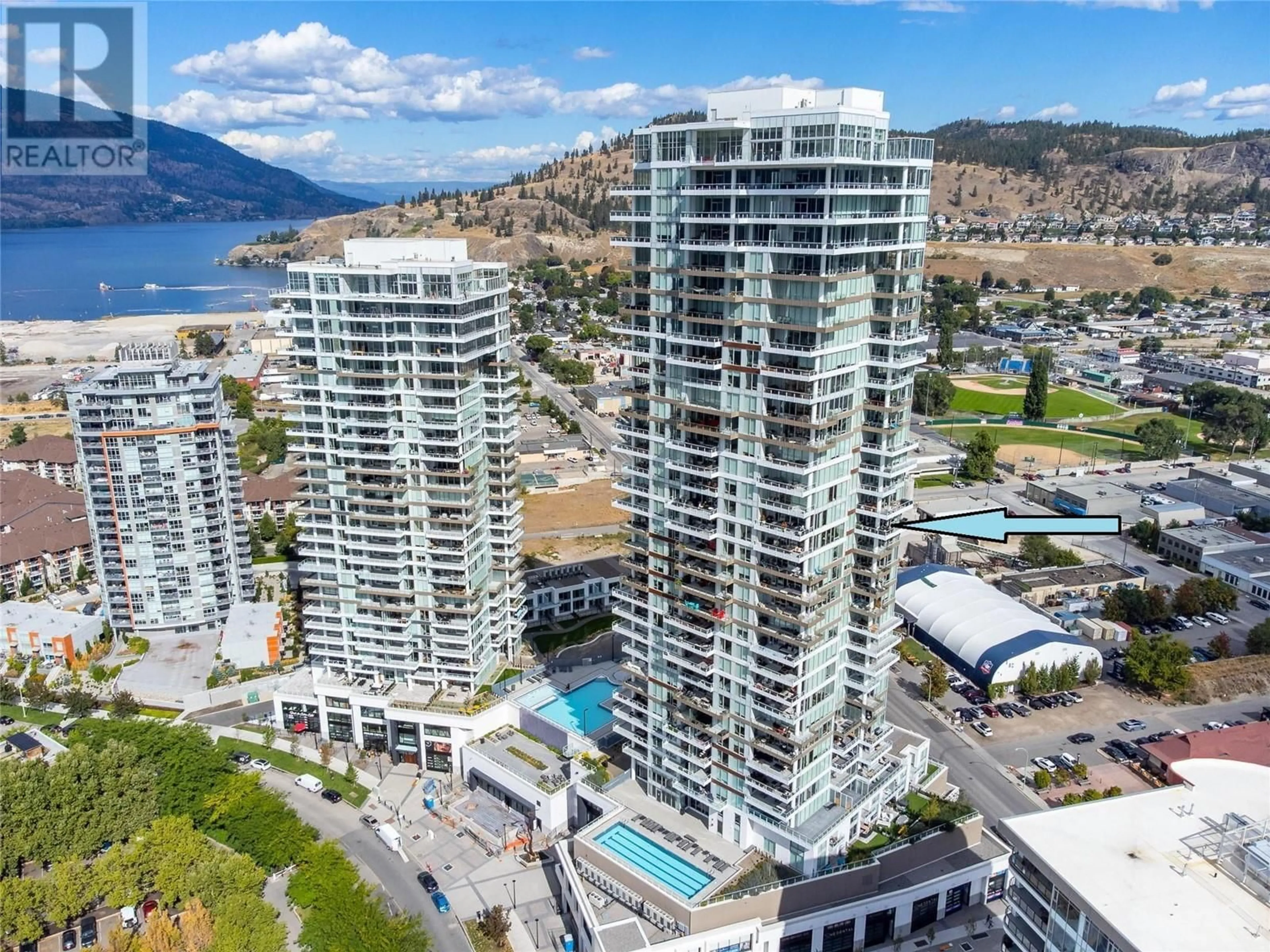 A pic from outside/outdoor area/front of a property/back of a property/a pic from drone, water/lake/river/ocean view for 2002 - 1191 SUNSET DRIVE, Kelowna British Columbia V1Y0J4